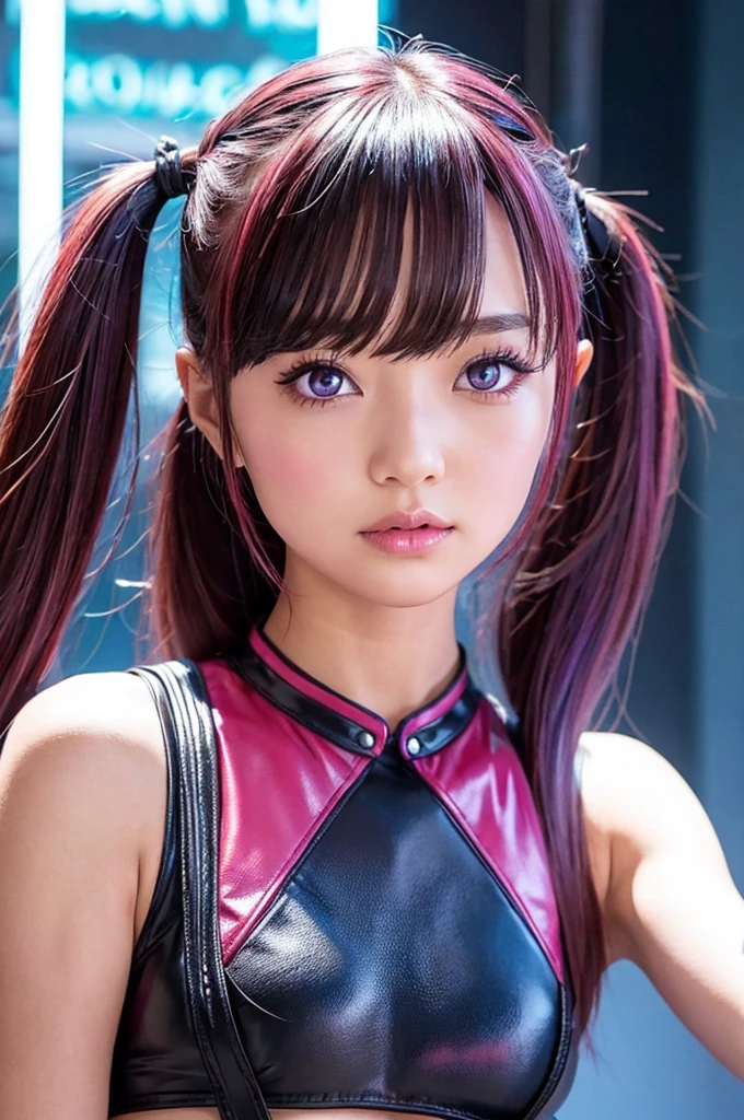 The following prompt is、I will explain the details of this super realistic live-action Japanese girl based on this image in 400 characters or less.:
--- With glowing neon lights in the background、Japanese beautiful girls stand out。Her dark hair has bright pink highlights.、Tied up in twin tails、Accessorized with accessories。Her big purple eyes are impressive、The eyes are highlighted with shimmering makeup.。The costume is a thin leather bra top and arm covers.、Stylish Gothic style。Beautiful girl poses confidently、She is looking at the camera with her shoulders raised.。Colorful light bokeh spreads in the background、It creates a fantastic atmosphere。As a photographic technique、Strong contrast and vibrant colors are used、The characters and the background are in perfect harmony.。Depending on the vertical screen configuration、The details and presence of the characters are outstanding.。