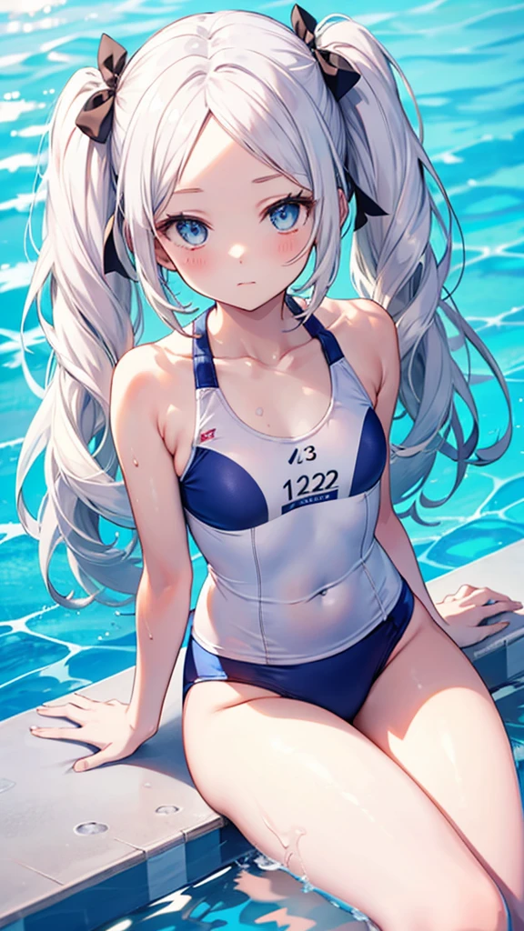 Forehead,twintail hair,white hair,blue eyes, and 120cm,white School swimsuits,at poolside,forehead,