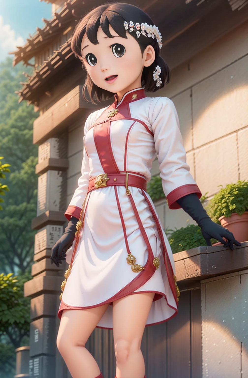 ((masterpiece,best quality)),1girl,solo, (((Chisato Nishikigi))), short hair, light black red hair, solo, dress, detail eyes, looking at viewer, long sleeves, standing, white dress, gloves,hair ornament, black jacket, smile, floating hair, dutch angle, closed mouth, looking away, (center park),cloudy sky, blue sky, warm color,