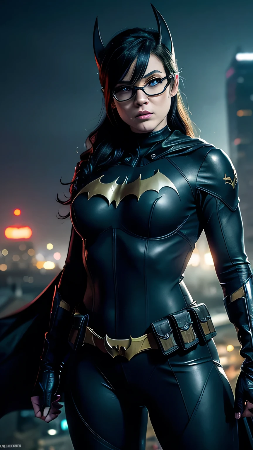 RAW, Best quality, high resolution, Masterpiece: 1.3), Beautiful Barbara Gordon as Batgirl, Masterpiece, Serene expression, Realistic, 1girl, Charming eyes, Pointed ears, Defiant pose, Detailed costume, Nylon bodysuit, Utility belt, Bat emblem, Gargoyles in the background, Rooftop scenario, Dark night, City lights reflecting, Dramatic shadows, Detailed textures, Rain effects, Volumetric lighting, Foggy ambiance, Empty rooftop, Batcar in the distance,(black cape), short blue hair

RAW, Best quality, high resolution, Masterpiece: 1.3), Barbara Gordon as Bat