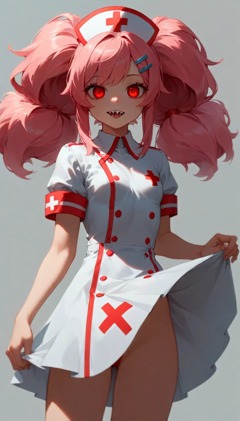 Beauty caretaker 、Nurse uniform、Highest quality、masterpiece、One Girl、22 years old、White skin、Expressionless、Lift the corners of your mouth、Sharp teeth、Pink Hair。Twin tails、Hair Clip、big hair clip、Cute Hair Clips、Grey Eyes、Small red cheeks and nose、Flat Chest、Small breasts、Small breasts、Dead Eyes、Dead Man&#39;s Eyes、break、Beauty caretaker 、