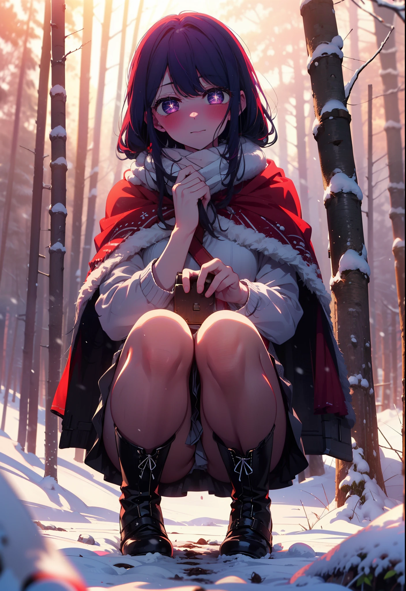 aihoshino, Ai Hoshino, Long Hair, bangs, (Purple eyes:1.1), Purple Hair, (Symbol-shaped pupil:1.5), smile,,smile,blush,white breath,
Open your mouth,snow,Ground bonfire, Outdoor, boots, snowing, From the side, wood, suitcase, Cape, Blurred, , forest, White handbag, nature, Squat, Mouth closed, Cape, winter, Written boundary depth, Black shoes, red Cape break looking at viewer, Upper Body, whole body, break Outdoor, forest, nature, break (masterpiece:1.2), Highest quality, High resolution, unity 8k wallpaper, (shape:0.8), (Beautiful and beautiful eyes:1.6), Highly detailed face, Perfect lighting, Extremely detailed CG, (Perfect hands, Perfect Anatomy),