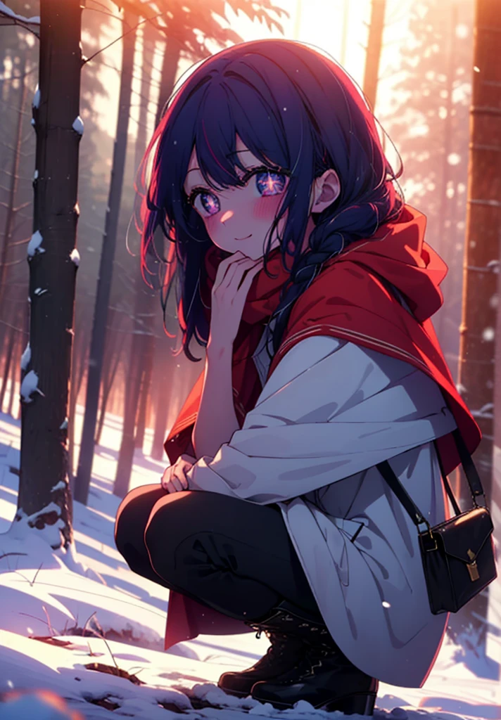 aihoshino, Ai Hoshino, Long Hair, bangs, (Purple eyes:1.1), Purple Hair, (Symbol-shaped pupil:1.5), smile,,smile,blush,white breath,
Open your mouth,snow,Ground bonfire, Outdoor, boots, snowing, From the side, wood, suitcase, Cape, Blurred, , forest, White handbag, nature,  Squat, Mouth closed, Cape, winter, Written boundary depth, Black shoes, red Cape break looking at viewer, Upper Body, whole body, break Outdoor, forest, nature, break (masterpiece:1.2), Highest quality, High resolution, unity 8k wallpaper, (shape:0.8), (Beautiful and beautiful eyes:1.6), Highly detailed face, Perfect lighting, Extremely detailed CG, (Perfect hands, Perfect Anatomy),