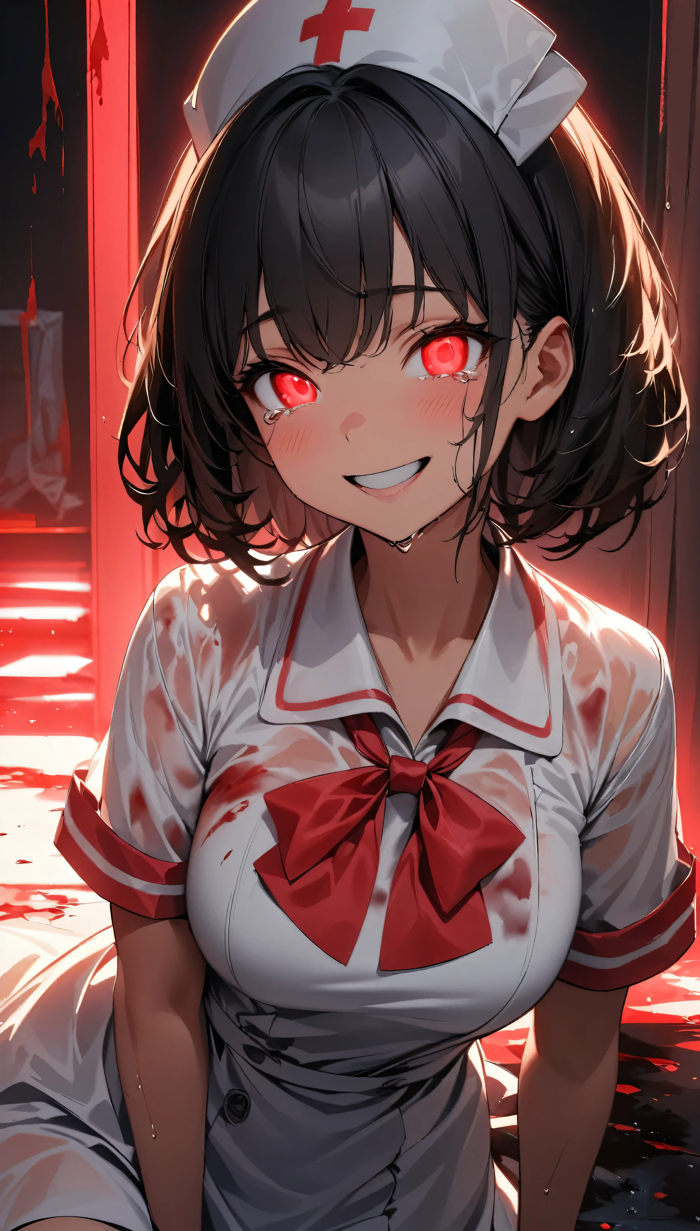 (Highest quality:1.2, Very detailed, up to date, Vibrant, Ultra-high resolution, High Contrast, masterpiece:1.2, Highest quality, Best aesthetics), (((1 girl))), View your audience, In-person audience, barefoot, One Girl, alone, Upper Body, bow, Nurse uniform, Nurse cap, Nurse Costume, Crazy Smile, At night, Isolation ward, Wet clothes, drenched, Scalpel, Tears of Blood, Bloodstain, Dark Room, Blood splattered on the ground, Red bright light, Glowing Eyes, Written boundary depth, Stand still, red lighting, atmosphere, Perfect hands