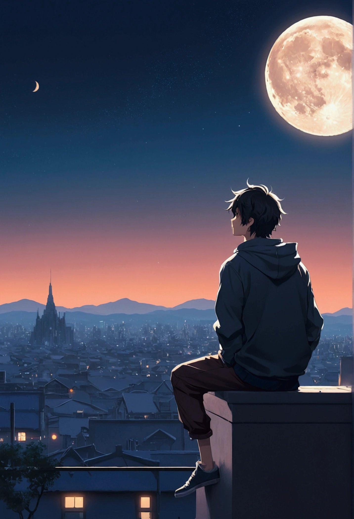Anime boy sitting on a shelf and looking at the moon, Digital Art by