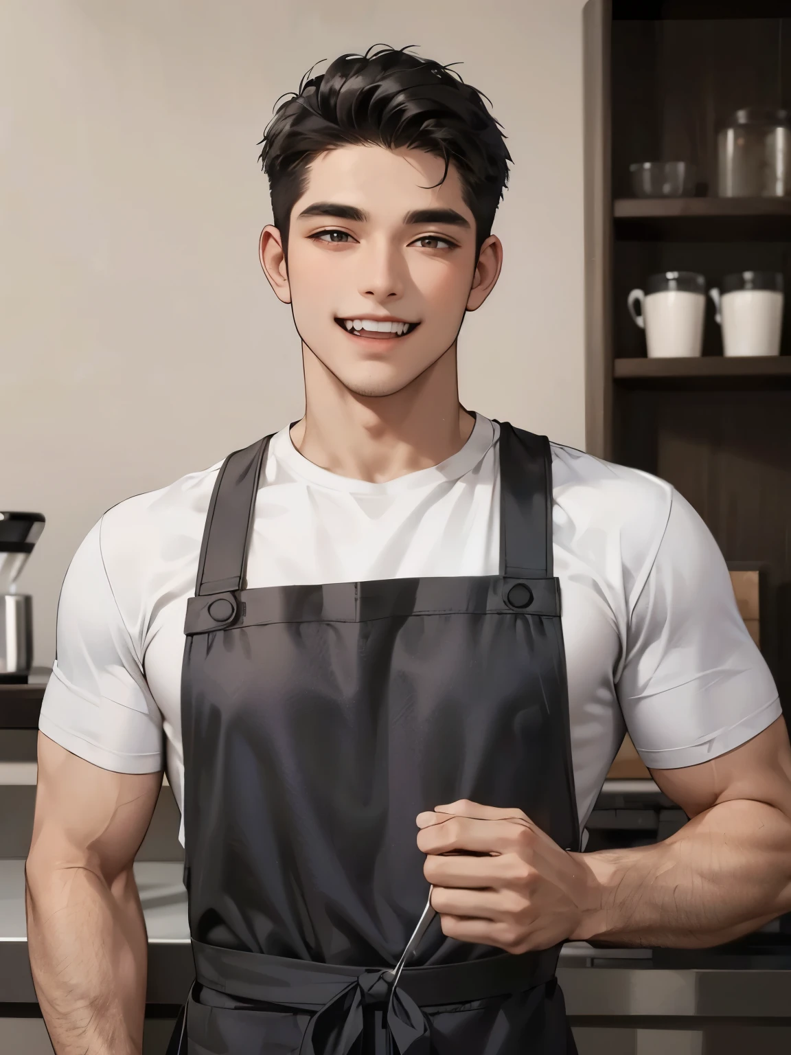 (Portrait),men wear dark gray shining apron over white T-shirt, muscular and handsome,fang,black hair,facial hair,Smile, Open Mouth,barista, Depth Of Field,