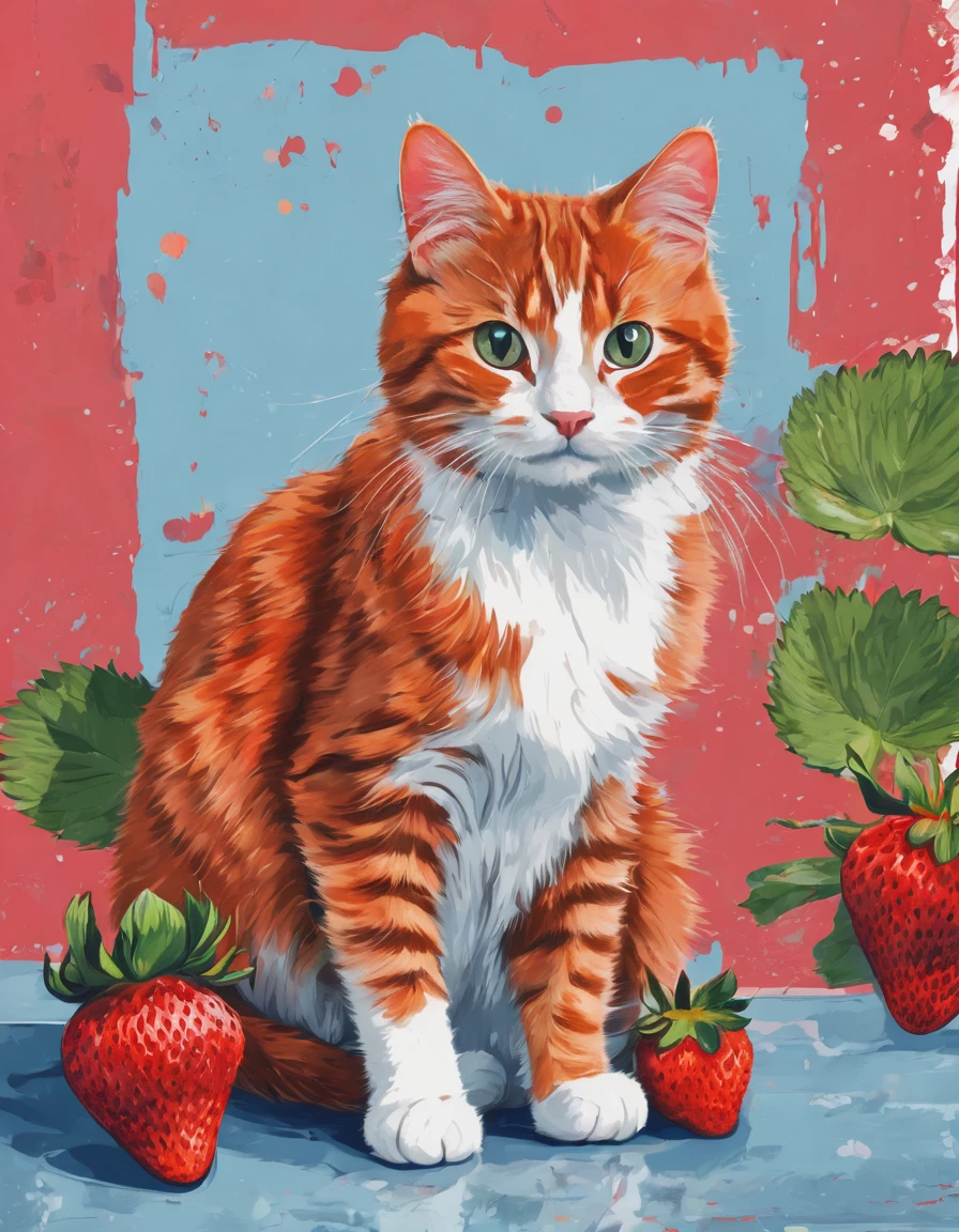 poster with strawberry cat , a poster by Vlady Kibalchich Russakov, trending on pixabay, art process,