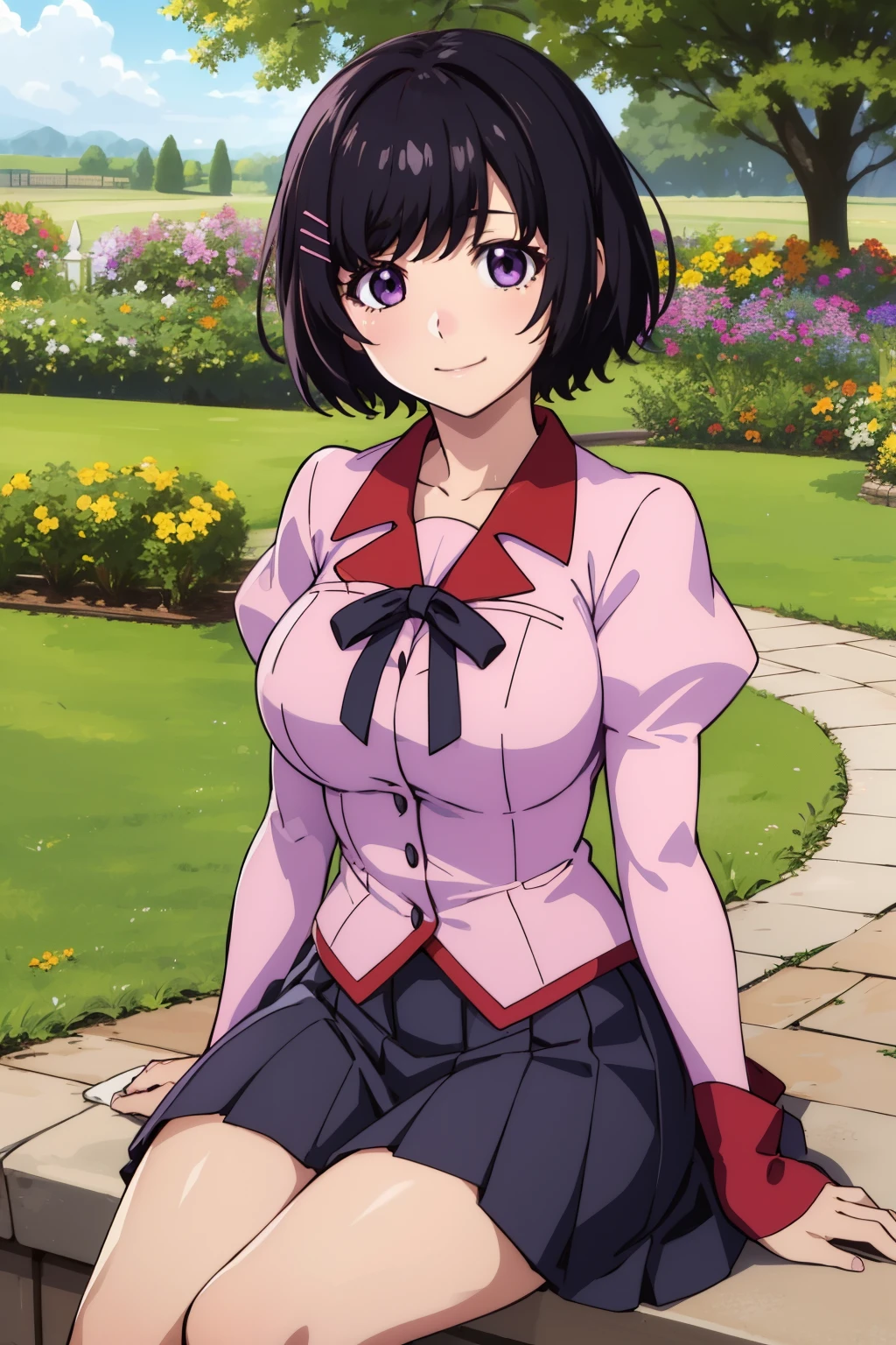 masterpiece, Highest quality, High resolution, detailed, One girl, alone, View your viewers, smile, , Hanekawa 01, short hair, Large Breasts, skirt, Black Hair, Pink Shirt, hair ornaments,, Purple eyes, Hair Clip, Long sleeve, Puff sleeves, Juliet Sleeve, Naoetsu High School , close, Sit on the ground,  garden, wood,