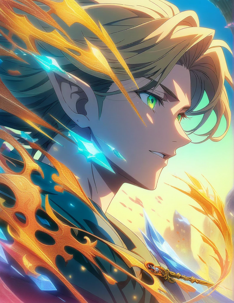 1boy, paladin portrait of a 2 4 years old male evil elf with short dark blonde hair, Dungeons & Dragons, aesthetic, dungeons and dragons, yellow irises!! elf, rogue, sharp focus, d & d, fantasy, intricate, elegant, digital painting, art, (masterpiece), (best quality), (ultra-detailed), very aesthetic, illustration, disheveled hair, perfect composition, moist skin, intricate details, anime artwork, anime style, key visual, vibrant, studio anime, highly detailed, green eyes