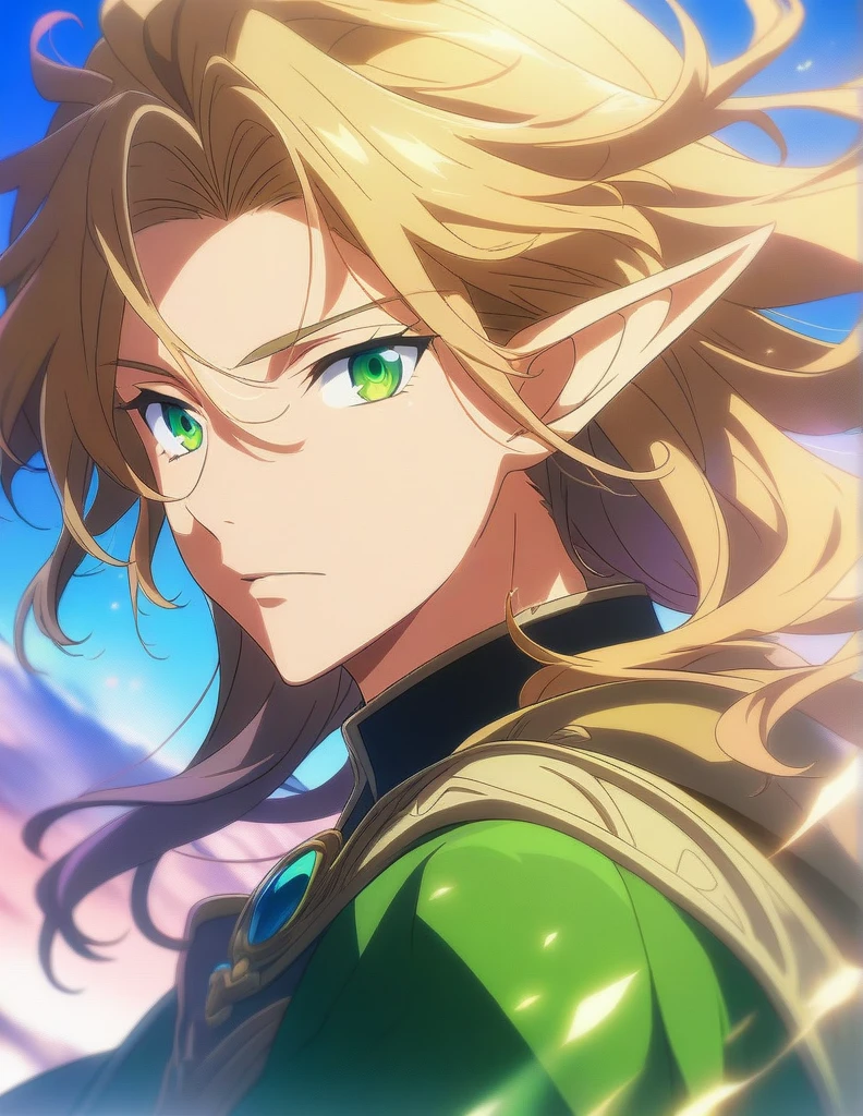 1boy, paladin portrait of a 2 4 years old male evil elf with short dark blonde hair, Dungeons & Dragons, aesthetic, dungeons and dragons, yellow irises!! elf, rogue, sharp focus, d & d, fantasy, intricate, elegant, digital painting, art, (masterpiece), (best quality), (ultra-detailed), very aesthetic, illustration, disheveled hair, perfect composition, moist skin, intricate details, anime artwork, anime style, key visual, vibrant, studio anime, highly detailed, green eyes