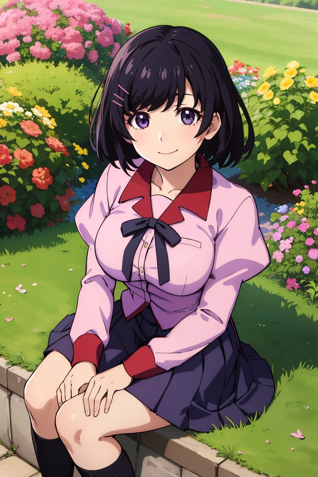 (masterpiece), (Highest quality), (High resolution), (detailed), (Naoetsu High School),(Hanekawa) One girl, Purple eyes, Black Hair, hort hair, Hair Clip, View your viewers, smile, Large Breasts, skirt, Pink Shirt, hair ornaments, Long sleeve, Puff sleeves, Juliet Sleeve, pleated skirt, black high socks, loafers, Sit on the ground,  garden, wood,