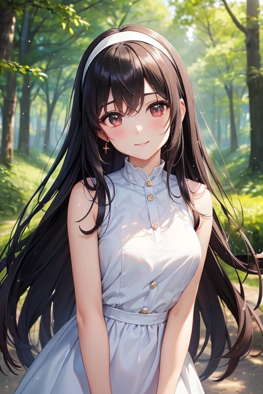 Poetry of the Hills、Shiny black hair, Long Hair, (Beautiful brown eyes、Sparkling eyes, Fine grain、White horseshoe headband)、smile、Super detailedな目、Highly detailed face, Highly detailed eyes, 

(masterpiece, Highest quality, Super detailed:1.4), (masterpiece), (Highest quality), (Beautiful eyes and face), (Perfect female body), (Glowing Skin), Cowboy Shot, 

young woman、smile、((ストレートLong Hair))、blush、((masterpiece、High resolution、16K))、((sleeveless white mini dress))、(Very close:1.5)、Forest Park(Focus on the upper body:1.5)、((Wave to me))