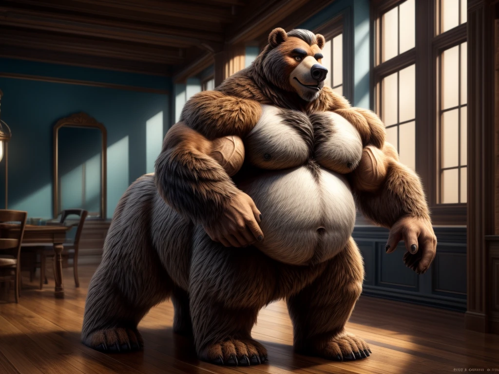 furry, fur taur, beartaur, middle-age, solo,1man detailed face, bear ears, bear eyes(brown), bear nose(black), bear mouth, garibaldi beard(grey), mature hair(grey), shirt, detailed arms, thick arms, muscular, thick hands(5 fingers), detailed body belly, thick body, muscle belly(white), thick chest, chest hair(grey), detailed taur body, thick taur body, thick bear paws, thick bear tail, full body shot, standing