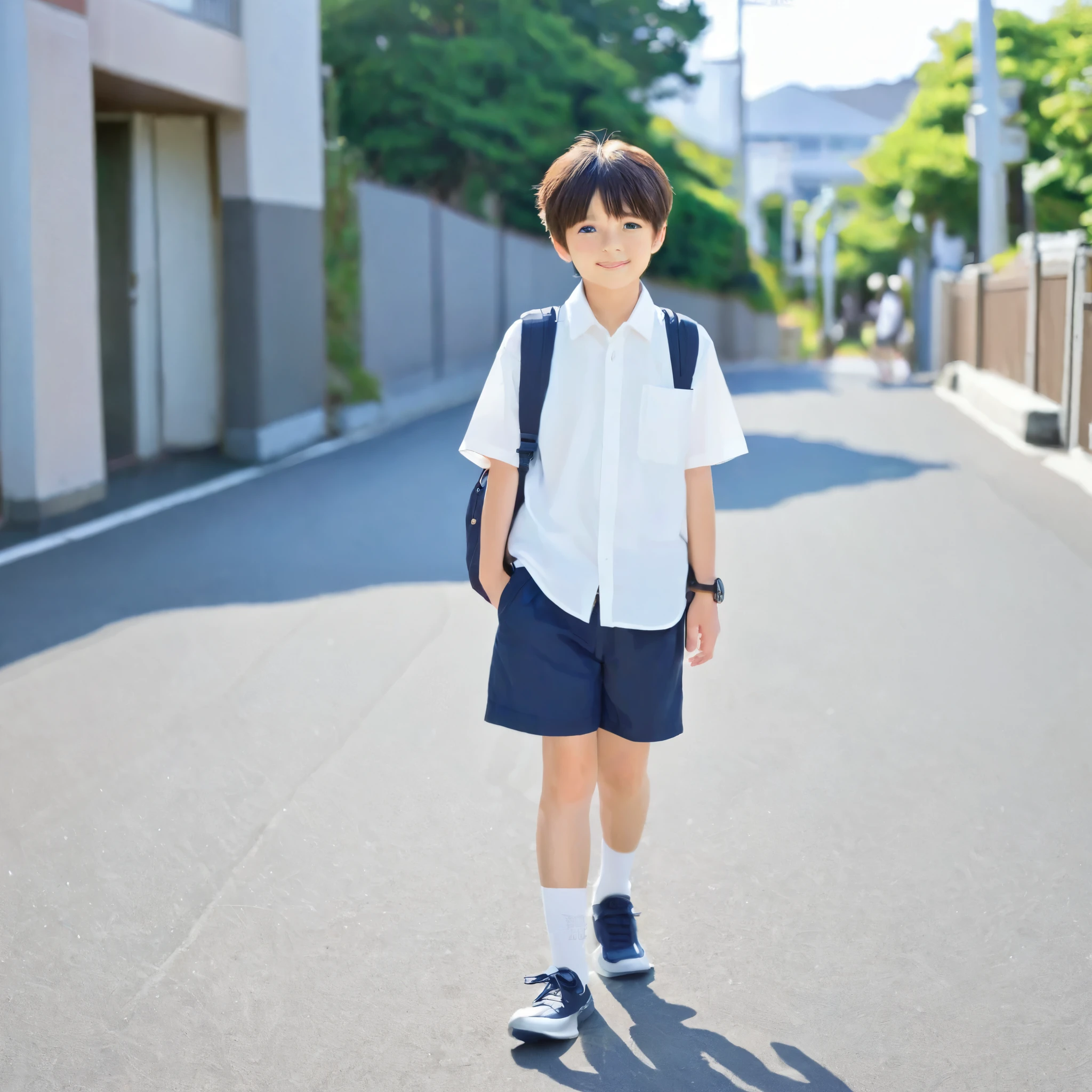 日本人小学生の泣いているboy　　Shorts　shoes、boy、Looking forward、Hand in hand