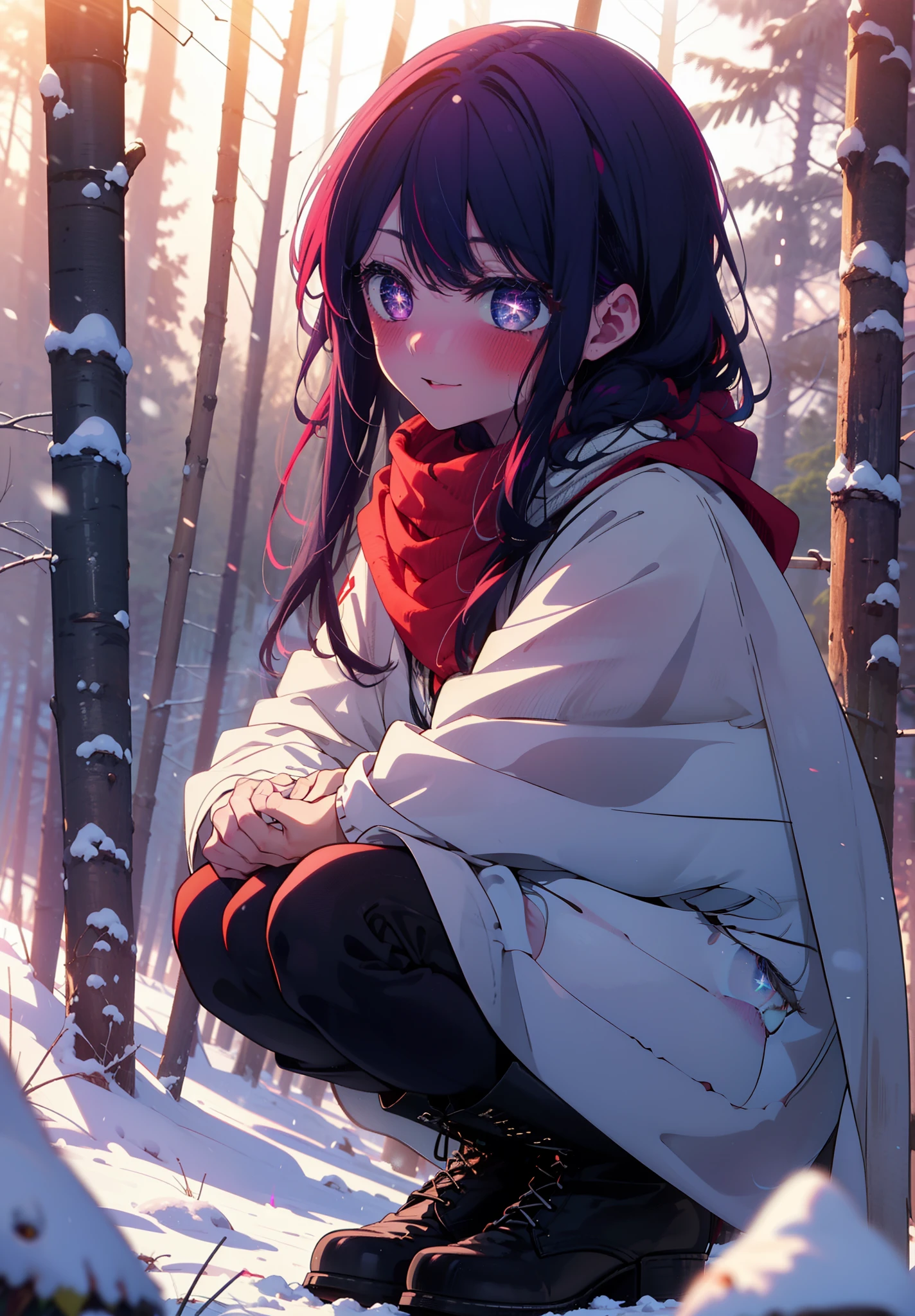 aihoshino, Ai Hoshino, Long Hair, bangs, (Purple eyes:1.1), Purple Hair, (Symbol-shaped pupil:1.5), smile,,smile,blush,white breath,
Open your mouth,snow,Ground bonfire, Outdoor, boots, snowing, From the side, wood, suitcase, Cape, Blurred, , forest, White handbag, nature, Squat, Mouth closed, Cape, winter, Written boundary depth, Black shoes, red Cape break looking at viewer, Upper Body, whole body, break Outdoor, forest, nature, break (masterpiece:1.2), Highest quality, High resolution, unity 8k wallpaper, (shape:0.8), (Beautiful and beautiful eyes:1.6), Highly detailed face, Perfect lighting, Extremely detailed CG, (Perfect hands, Perfect Anatomy),