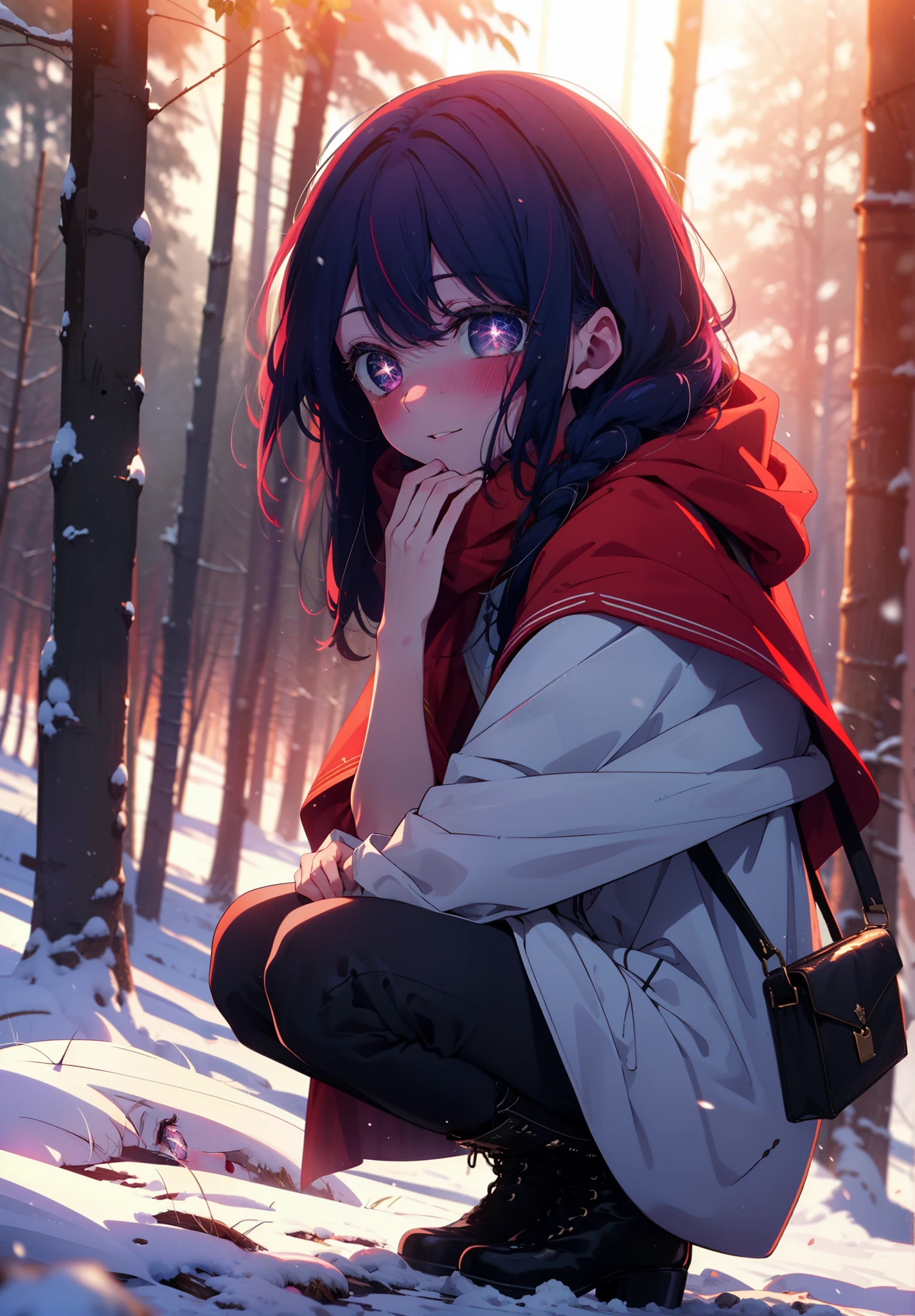 aihoshino, Ai Hoshino, Long Hair, bangs, (Purple eyes:1.1), Purple Hair, (Symbol-shaped pupil:1.5), smile,,smile,blush,white breath,
Open your mouth,snow,Ground bonfire, Outdoor, boots, snowing, From the side, wood, suitcase, Cape, Blurred, , forest, White handbag, nature,  Squat, Mouth closed, Cape, winter, Written boundary depth, Black shoes, red Cape break looking at viewer, Upper Body, whole body, break Outdoor, forest, nature, break (masterpiece:1.2), Highest quality, High resolution, unity 8k wallpaper, (shape:0.8), (Beautiful and beautiful eyes:1.6), Highly detailed face, Perfect lighting, Extremely detailed CG, (Perfect hands, Perfect Anatomy),