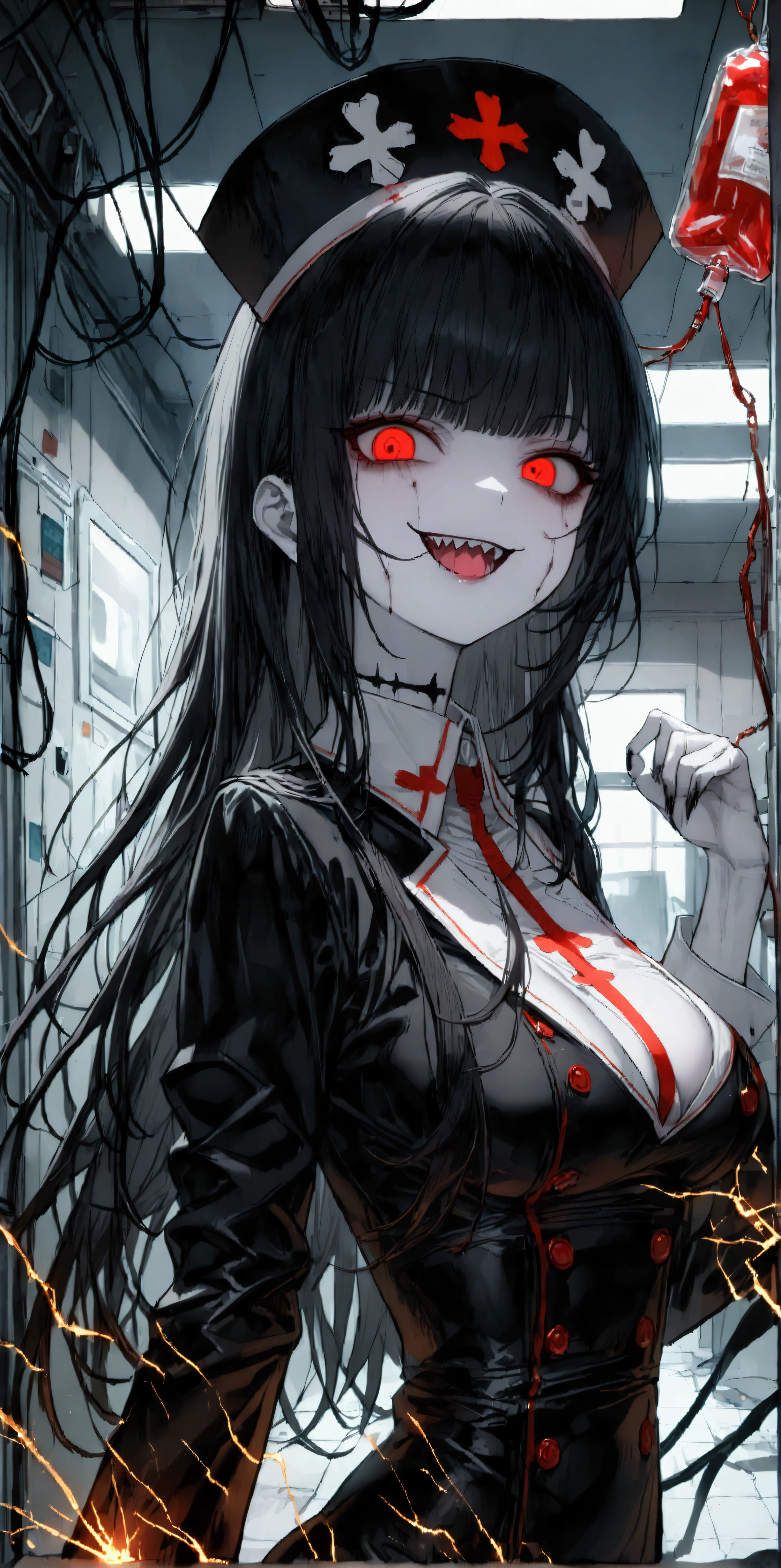 quality\(masterpiece, best quality,8k,wallpaper of extremely detailed CG unit,hight resolution,top-quality,top-quality real texture skin,hyper realisitic,increase the resolution,RAW photos,best qualtiy,highly detailed,the wallpaper\), BREAK ,1girl\(20 years old,long black hair,dark nurse,nurse costume\((black:1.3)\),nurse hat\((black:1.4)\),pantyhose,red eye,big eyes,eye shining,(holding blood bag:1.2),evil,(evil smile:1.3),sharp teeth,open mouth,full body, luscious body,white skin,pale skin, gothic\), BREAK ,background\(ruined hospital,(electric sparks:1.2),(very dark:1.5),dirty, messed,(in operation room:1.3),night\),(dynamic angle:1.3),dynamic pose,long shot,landscape