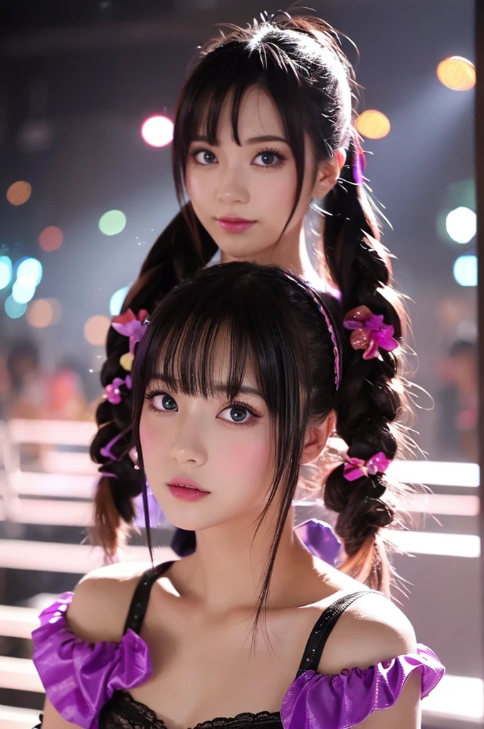 The following prompt is、I will explain the details of this super realistic live-action Japanese girl based on this image in 400 characters or less.:
--- With glowing neon lights in the background、Japanese beautiful girls stand out。Her dark hair has bright pink highlights.、Tied up in twin tails、Accessorized with accessories。Her big purple eyes are impressive、The eyes are highlighted with shimmering makeup.。The costume is a thin leather bra top and arm covers.、Stylish Gothic style。Beautiful girl poses confidently、She is looking at the camera with her shoulders raised.。Colorful light bokeh spreads in the background、It creates a fantastic atmosphere。As a photographic technique、Strong contrast and vibrant colors are used、The characters and the background are in perfect harmony.。Depending on the vertical screen configuration、The details and presence of the characters are outstanding.。