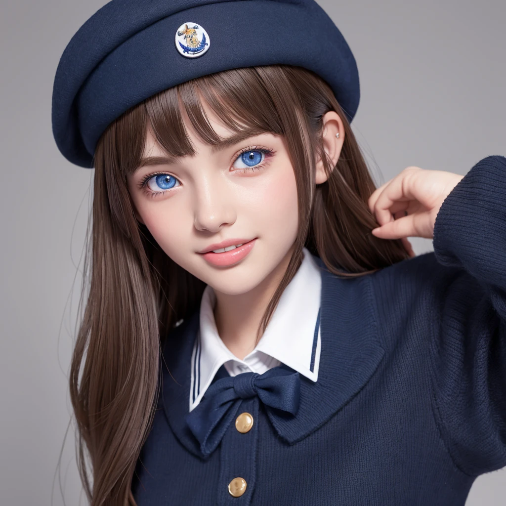 One girl, High resolution, Hair that hides one eye, Medium Hair, Blushing, 3D Rendering, Height: 140cm、blue eyes, Brown Hair, Pointy Ears, Sticking out tongue, beret, A seductive smile, 16 years old、black and white sailor suit