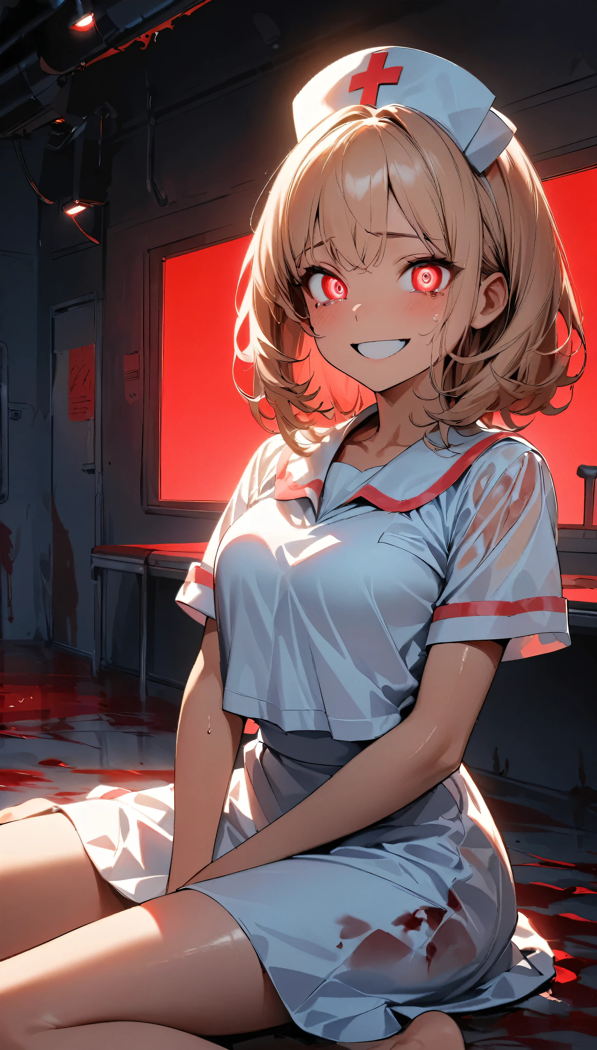 (Highest quality:1.2, Very detailed, up to date, Vibrant, Ultra-high resolution, High Contrast, masterpiece:1.2, Highest quality, Best aesthetics), (((1 girl))), View your audience, In-person audience, barefoot, One Girl, alone, Upper Body, bow, Nurse uniform, Nurse cap, Nurse Costume, Crazy Smile, At night, Isolation ward, Wet clothes, drenched, Scalpel, Tears of Blood, Bloodstain, Dark Room, Blood splattered on the ground, Red bright light, Glowing Eyes, Written boundary depth, Stand still, red lighting, atmosphere, Perfect hands