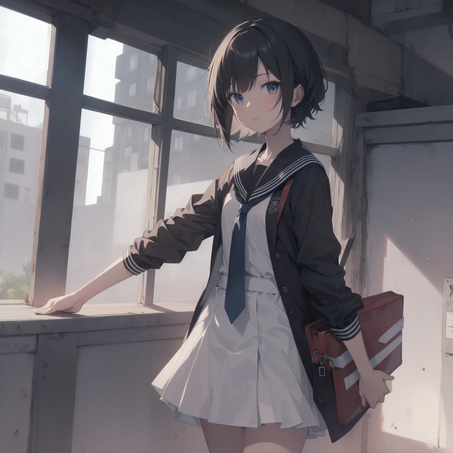 ultra-absurdres-Top quality by artist God, ultra-detailed, high resolution, anime moe artstyle, best anime 8k konachan wallpaper, pixiv contest winner, pool:2810, perfect anatomy,break, 1girl, (Please draw a girl walking sleepily to school alone. )break,(Solo,little female, 13-year-old:1.3),Full limbs, complete fingers,a junior high school student, (very short hair), short cut, flat chest, , small butt, small black eyes, beautiful detailed eyes, well-proportioned iris and pupils, expressive eyes, highres detailed hair, soft expression, salor school_uniform, sailor collar, serahuku, bow, pleated skirt,(Detailed Lighting), (Detailed background), in the School commute route. break,super detailed skin, Best cinematic lighting powered by famous artist, 8k,beauty illustration,photoshop_(medium),very aesthetic,break,((artist:zen_(kamuro) )), artist:clamp ,artist:carnelian ,artist:kantoku ,