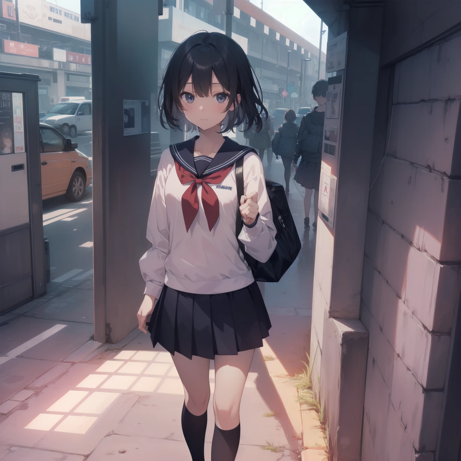 ultra-absurdres-Top quality by artist God, ultra-detailed, high resolution, anime moe artstyle, best anime 8k konachan wallpaper, pixiv contest winner, pool:2810, perfect anatomy,break, 1girl, (Please draw a girl walking sleepily to school alone. )break,(Solo,little female, 13-year-old:1.3),Full limbs, complete fingers,a junior high school student, (very short hair), short cut, flat chest, , small butt, small black eyes, beautiful detailed eyes, well-proportioned iris and pupils, expressive eyes, highres detailed hair, soft expression, salor school_uniform, sailor collar, serahuku, bow, pleated skirt,(Detailed Lighting), (Detailed background), in the School commute route. break,super detailed skin, Best cinematic lighting powered by famous artist, 8k,beauty illustration,photoshop_(medium),very aesthetic,break,((artist:zen_(kamuro) )), artist:clamp ,artist:carnelian ,artist:kantoku ,
