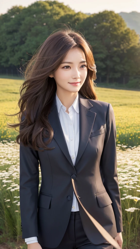highest quality、genuine、Super detailed、finely、High resolution、8k wallpaper、one beautiful woman、、、light brown disheveled hair、wearing a business suit、sharp focus、perfect dynamic composition、beautiful and detailed eyes、thin hair、Detailed genuine skin texture、smile、model body shape、In a windswept meadow