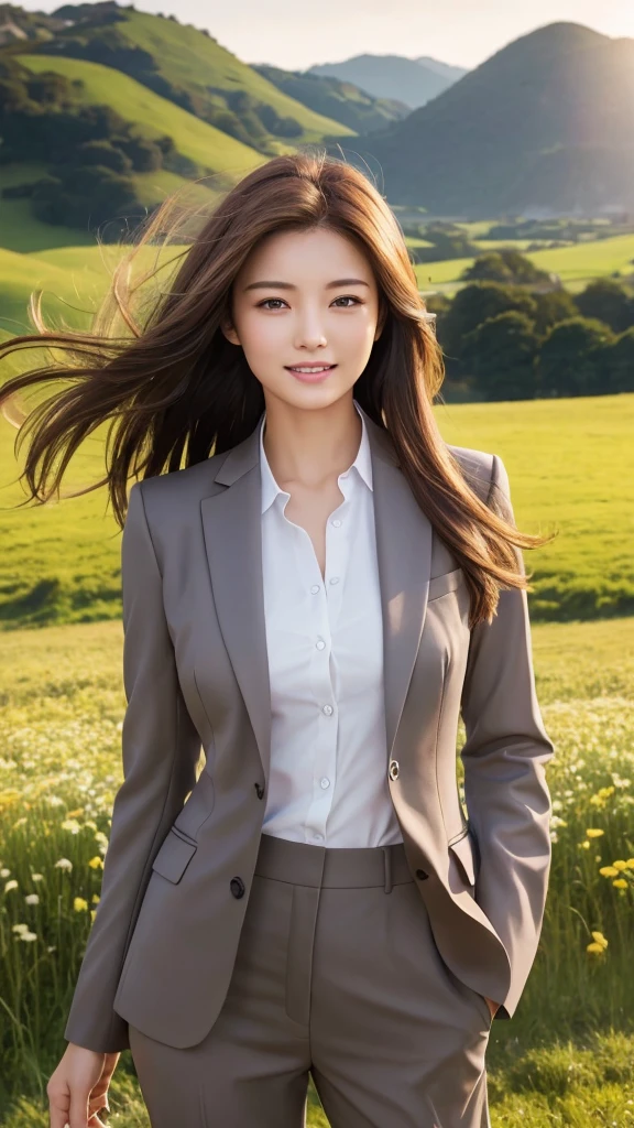 highest quality、genuine、Super detailed、finely、High resolution、8k wallpaper、one beautiful woman、、、light brown disheveled hair、wearing a business suit、sharp focus、perfect dynamic composition、beautiful and detailed eyes、thin hair、Detailed genuine skin texture、smile、model body shape、In a windswept meadow