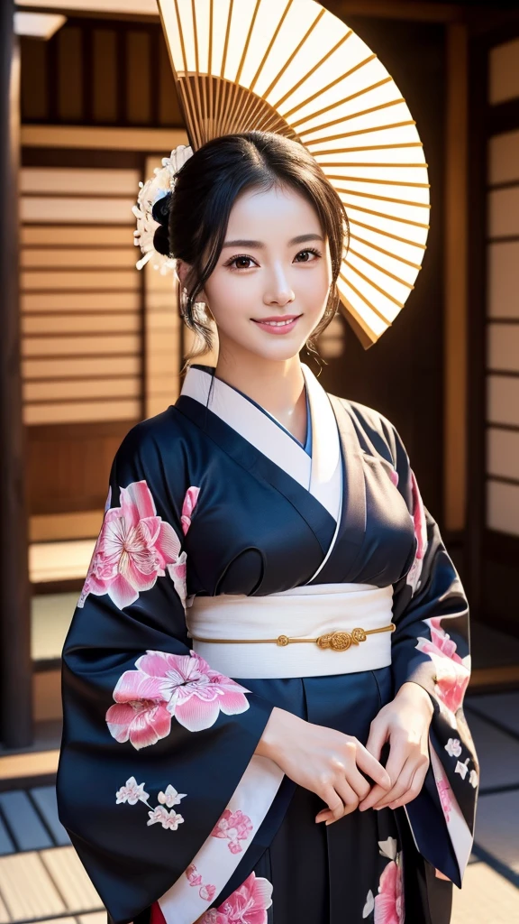 (Super beautiful woman in kimono)、((highest quality、8K masterpiece:1.3))、sharp focus:1.2、(super beautiful face:1.0)、(shiny skin:1.0)、realistic pictures、black hair、video lighting、High resolution eyes and face、video lighting、japanese actress、from the front、with a happy smile、whole body、wearing a kimono、in Kyoto、(luxury obi)、with a fan