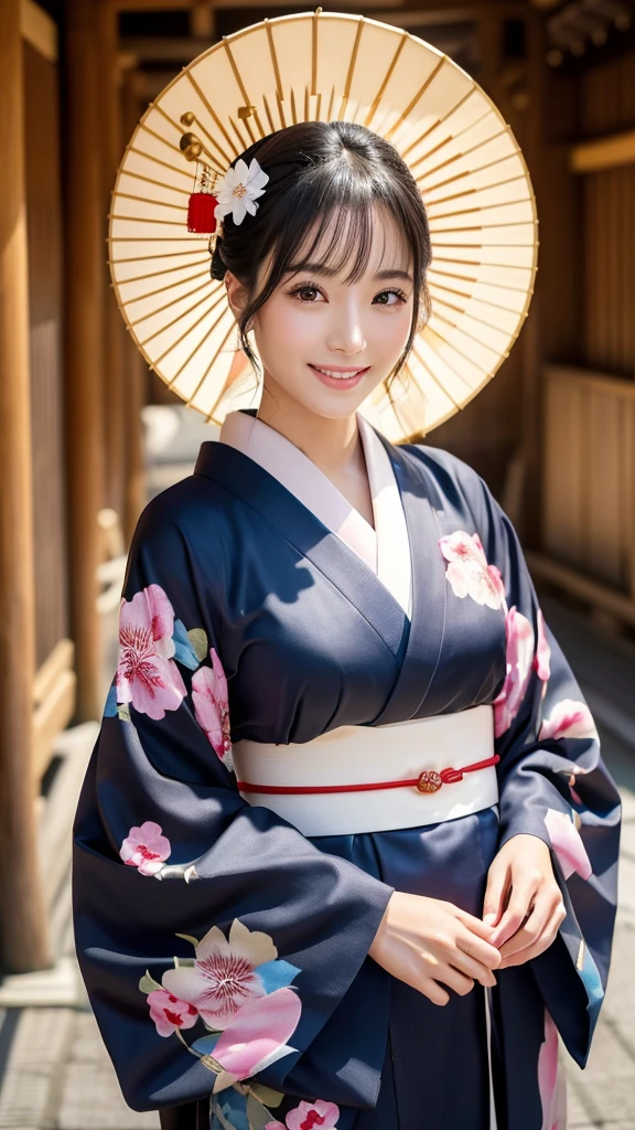 (Super beautiful woman in kimono)、((highest quality、8K masterpiece:1.3))、sharp focus:1.2、(super beautiful face:1.0)、(shiny skin:1.0)、realistic pictures、black hair、video lighting、High resolution eyes and face、video lighting、japanese actress、from the front、with a happy smile、whole body、wearing a kimono、in Kyoto、(luxury obi)、with a fan