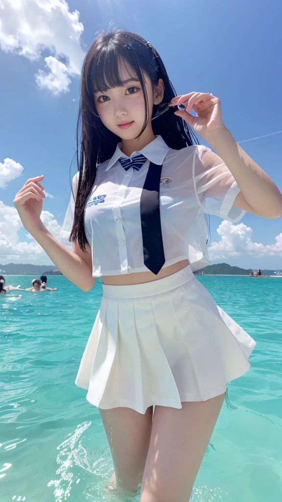 Cute Girls、high school girl、Idol、mini skirt、See-through、Ocean、Swimming in uniform、Wet Uniform、See-through