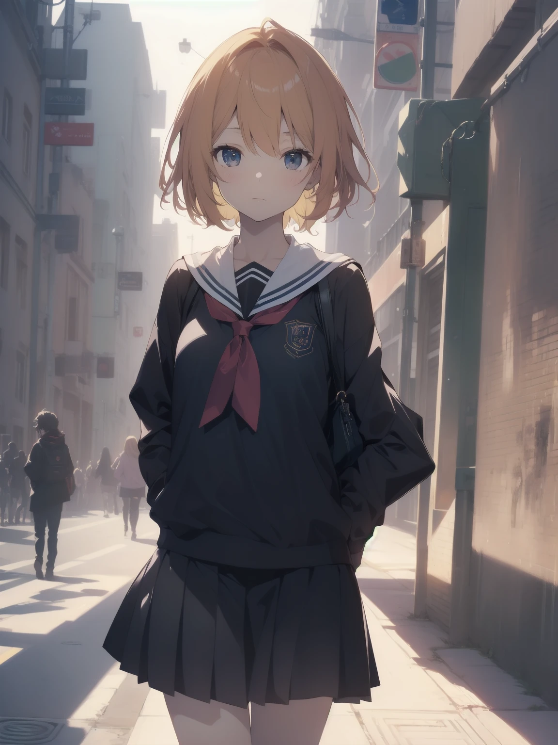 ultra-absurdres-Top quality by artist God, ultra-detailed, high resolution, anime moe artstyle, best anime 8k konachan wallpaper, pixiv contest winner, pool:2810, perfect anatomy,break, 1girl, (Please draw a girl walking sleepily to school alone. )break,(Solo,little female, 13-year-old:1.3),Full limbs, complete fingers,a junior high school student, (very short hair), short cut, flat chest, , small butt, small black eyes, beautiful detailed eyes, well-proportioned iris and pupils, expressive eyes, highres detailed hair, soft expression, salor school_uniform, sailor collar, serahuku, bow, pleated skirt,(Detailed Lighting), (Detailed background), in the School commute route. break,super detailed skin, Best cinematic lighting powered by famous artist, 8k,beauty illustration,photoshop_(medium),very aesthetic,break,((artist:zen_(kamuro) )), artist:clamp ,artist:carnelian ,artist:kantoku ,