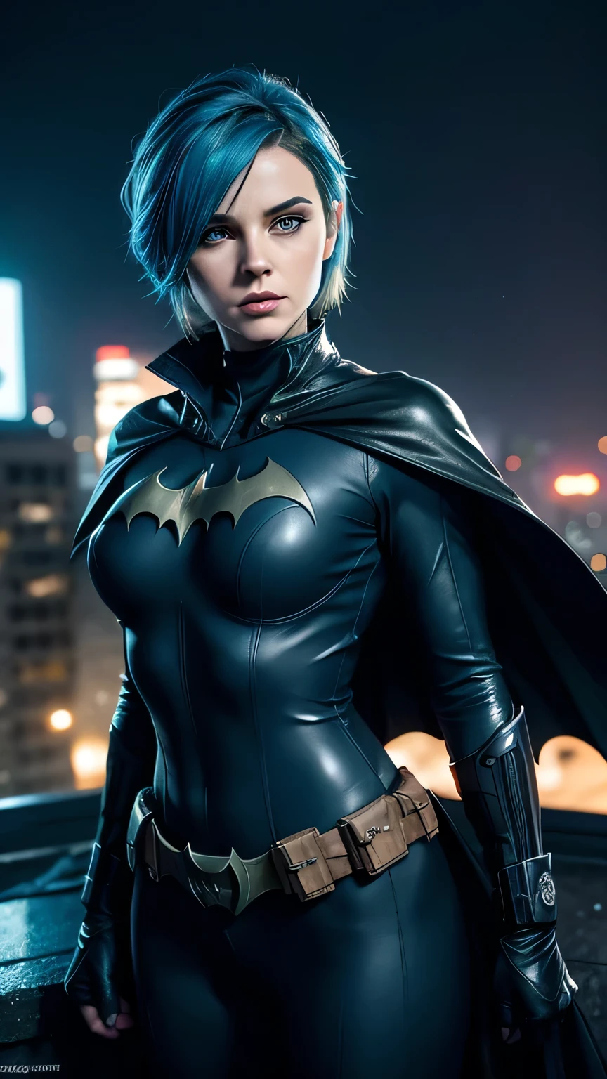 RAW, Best quality, high resolution, Masterpiece: 1.3), Beautiful Barbara Gordon as Batgirl, Masterpiece, Serene expression, Realistic, 1girl, Charming eyes, Pointed ears, Defiant pose, Detailed costume, Nylon bodysuit, Utility belt, Bat emblem, Gargoyles in the background, Rooftop scenario, Dark night, City lights reflecting, Dramatic shadows, Detailed textures, Rain effects, Volumetric lighting, Foggy ambiance, Empty rooftop, Batcar in the distance,(black cape), short blue hair
RAW, Best quality, high resolution, Masterpiece: 1.3), (blue hair:1.4), short hair, realistic green eyes, cobalt hair, long bob hair, tousled hair, shoulder length hair