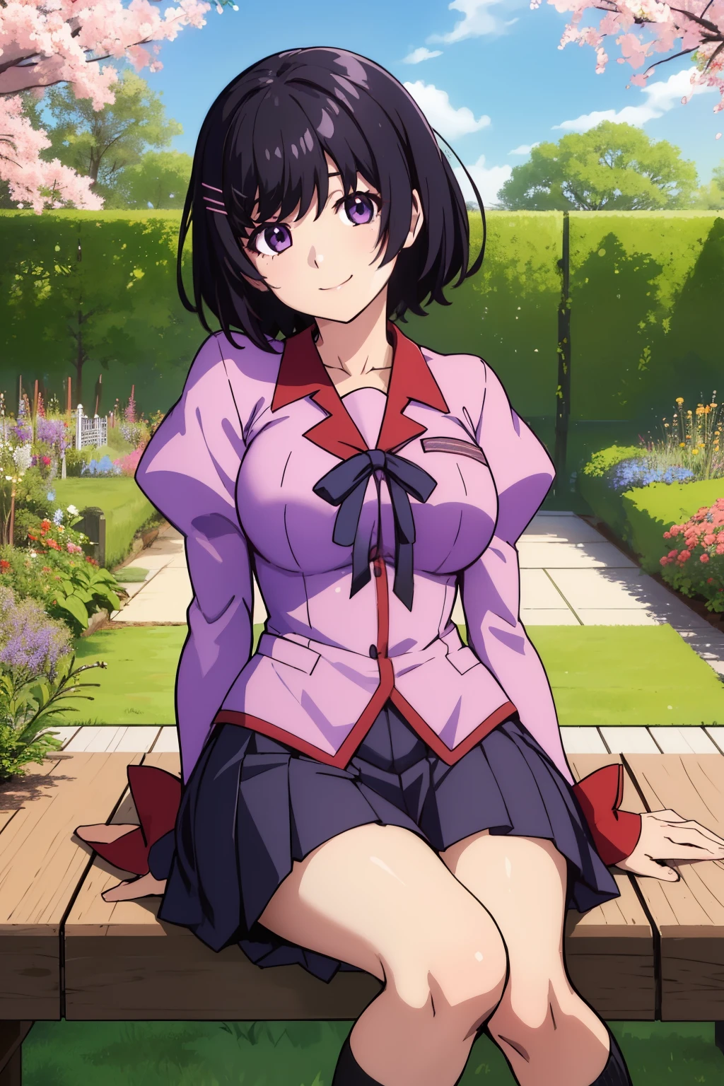 (masterpiece), (Highest quality), (High resolution), (detailed), (Naoetsu High School),(Hanekawa) One girl, Purple eyes, Black Hair, hort hair, Hair Clip, View your viewers, smile, Large Breasts, (Naoetsu High School school uniform), skirt, Pink Shirt, hair ornaments, Long sleeve, Puff sleeves, Juliet Sleeve, pleated skirt, black high socks, loafers, Sitting,  garden, wood,