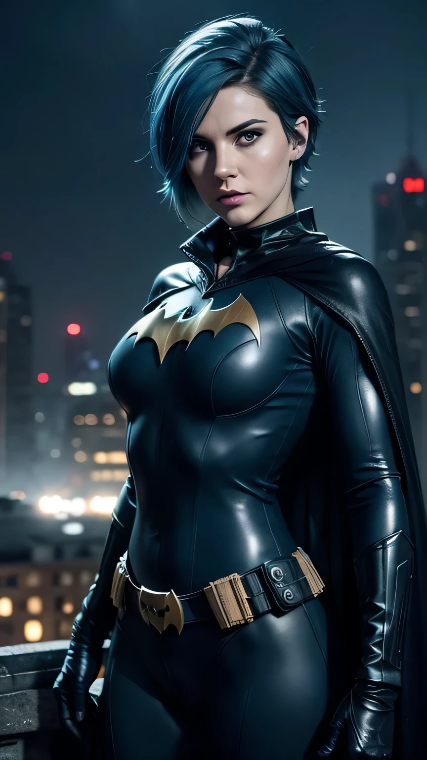 RAW, Best quality, high resolution, Masterpiece: 1.3), Beautiful Barbara Gordon as Batgirl, Masterpiece, Serene expression, Realistic, 1girl, Charming eyes, Pointed ears, Defiant pose, Detailed costume, Nylon bodysuit, Utility belt, Bat emblem, Gargoyles in the background, Rooftop scenario, Dark night, City lights reflecting, Dramatic shadows, Detailed textures, Rain effects, Volumetric lighting, Foggy ambiance, Empty rooftop, Batcar in the distance,(black cape), short blue hair

RAW, Best quality, high resolution, Masterpiece: 1.3), (blue hair:1.4), short hair, realistic green eyes, cobalt hair, long bob hair, tousled hair, shoulder length hair