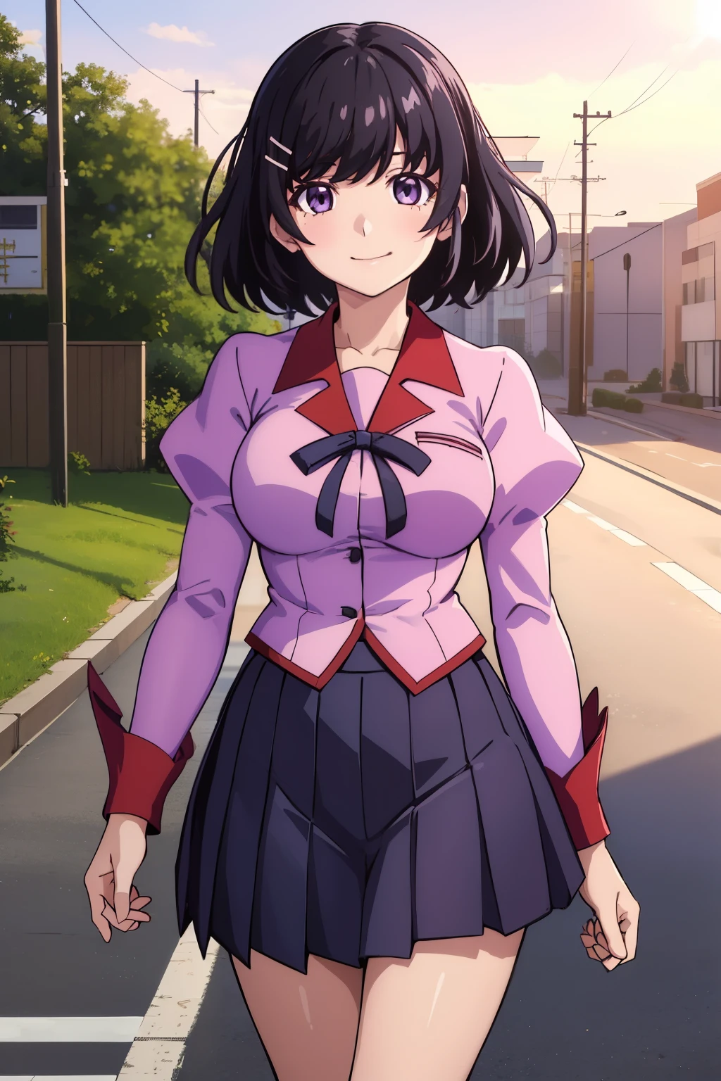 (masterpiece), (Highest quality), (High resolution), (detailed), (Naoetsu High School),(Hanekawa) One girl, Purple eyes, Black Hair, hort hair, Hair Clip, View your viewers, smile, Large Breasts, (Naoetsu High School school uniform), skirt, Pink Shirt, hair ornaments, Long sleeve, Puff sleeves, Juliet Sleeve, pleated skirt, black high socks, loafers, standing, Cowboy Shot, Outdoor, city