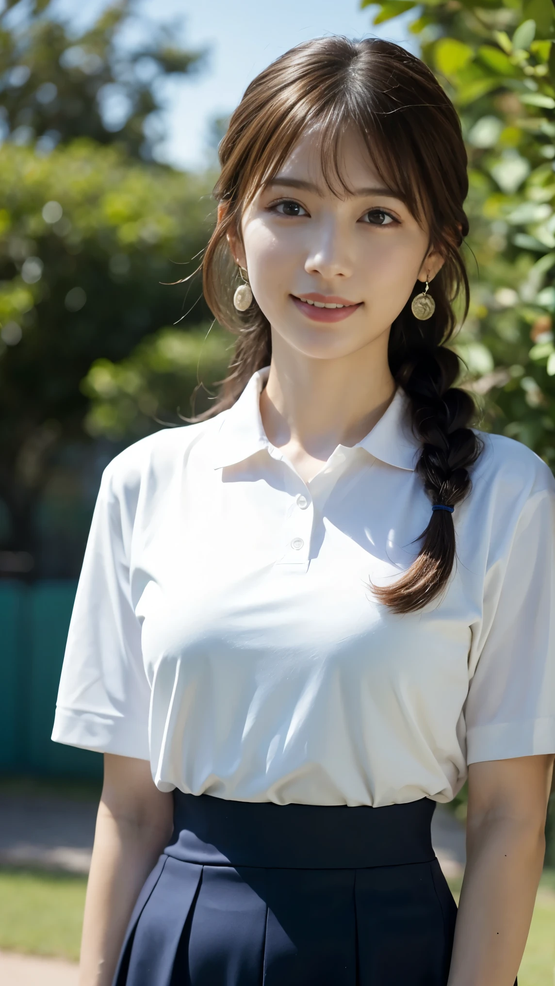 ((best quality)), ((masterpiece)), (detailed), perfect face, ((Best quality, 8k, Masterpiece: 1.3)), Highly detailed face and skin texture, Detailed eyes, Double eyelid, black hair, bangs, side braid, hair behind ear, very long hair, smile, happy, jewelry, earrings, Navy polo shirt, checked skirt, tennis club member, good figure, standing alone in the park, Sharp focus A beautiful woman with perfect body, university student, cowboy shot