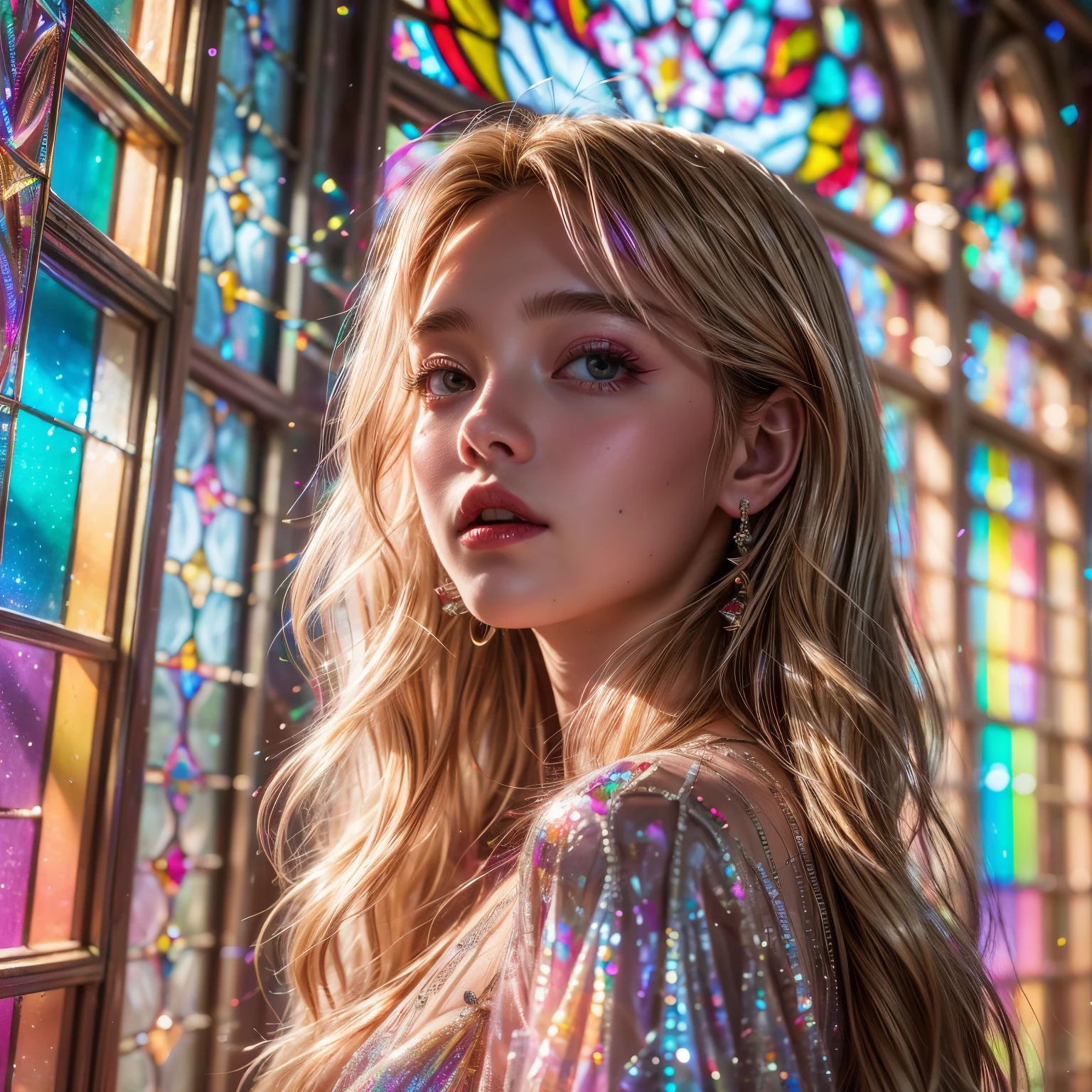 RubyRed (ZoomLayer) TopQuality 8K masterpiece of ((Professional photo)), (((Clarisse de Cagliostro))) (Detailed White WeddingDresses), Chain, (((Extremely detailed KAWAII face))) {((VeiledFace))|BlondeHair|(Elaborate BuleEyes)with(SparklingHighlights:1.28)}, The background is distant (((Elaborate stained glass))) Rainbow Glass, {(MysticSight)|EnchantingAtmosphere|Haze|(GodRays)|TyndallEffect}, Radiant PearlSkin with Transparency, (Exposed:0.39)
