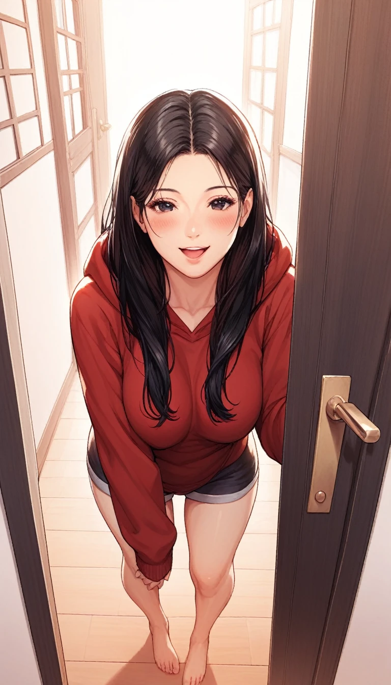 score_9, score_8_up, score_7_up, score_6_up, score_5_up, score_4_up, nari, black eyes, black hair, long hair, masterpiece, best quality, ultra-detailed, higres, 1girl, solo, mature female, beautiful and perfect face, detailed eyes, detailed eyelashes, smile, open mouth, blush, looking at viewer, red oversize hoodie, standing, thigh, barefoot, full body, pov, from front, close shot, leaning forward, open the door, in home