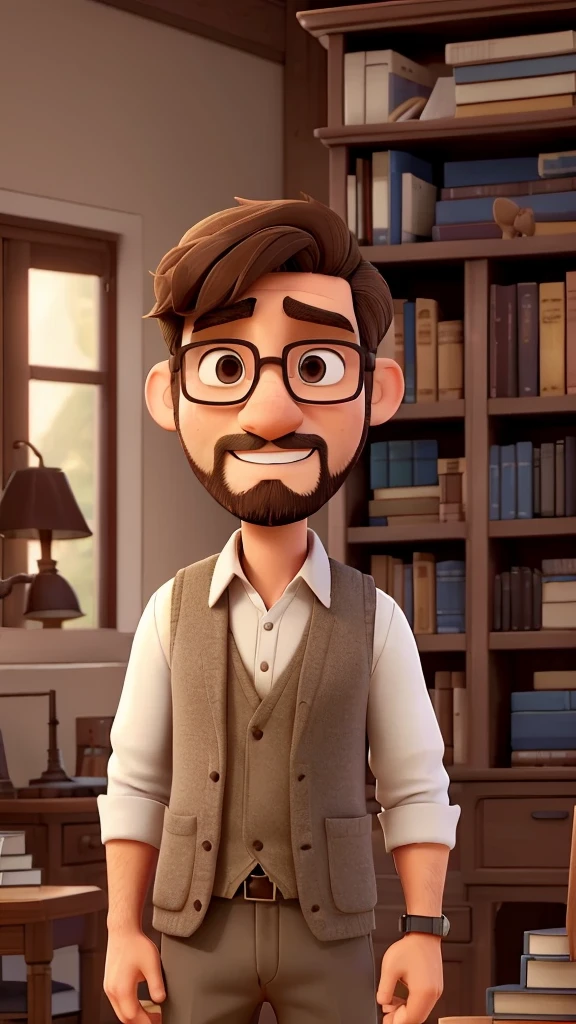 Man organizing books in a library He is approximately 35 years old, of medium height, with short, light brown hair. He has a thin beard and wears thin-rimmed glasses.. He is dressed in a simple white shirt with a gray woolen vest and dark pants.. your face is gentle, with brown eyes that convey an expression of serenity and curiosity.