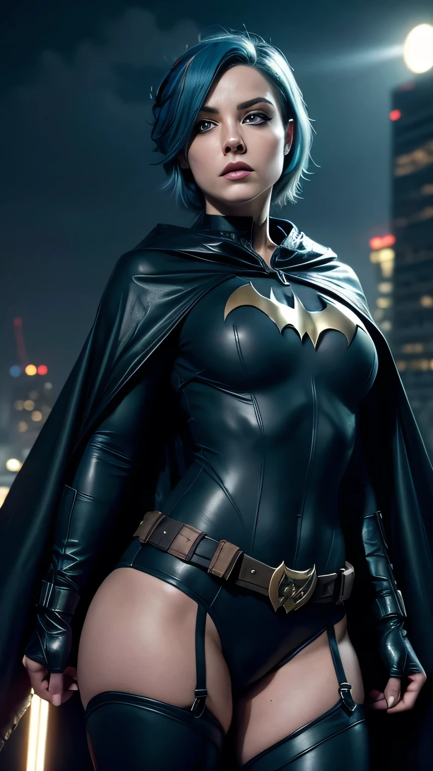 RAW, Best quality, high resolution, Masterpiece: 1.3), Beautiful Barbara Gordon as Batgirl, Masterpiece, Serene expression, Realistic, 1girl, Charming eyes, Pointed ears, Defiant pose, Detailed costume, Nylon bodysuit, Utility belt, Bat emblem, Gargoyles in the background, Rooftop scenario, Dark night, City lights reflecting, Dramatic shadows, Detailed textures, Rain effects, Volumetric lighting, Foggy ambiance, Empty rooftop, Batcar in the distance,(black cape), short blue hair

RAW, Best quality, high resolution, Masterpiece: 1.3), (blue hair:1.4), short hair, realistic green eyes, cobalt hair, long bob hair, tousled hair, shoulder length hair