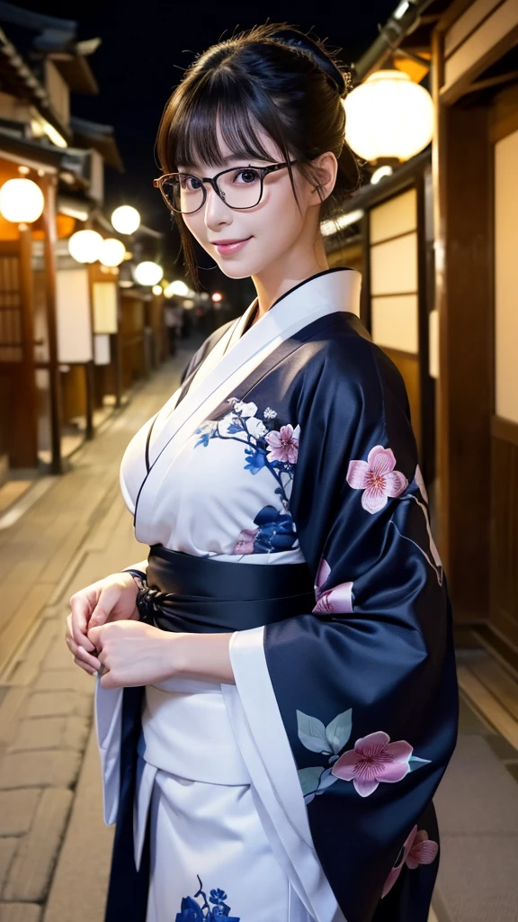(Super beautiful woman in kimono)、((highest quality、8K masterpiece:1.3))、sharp focus:1.2、(super beautiful face:1.0)、(shiny skin:1.0)、realistic pictures、black hair、video lighting、High resolution eyes and face、video lighting、japanese actress、from the front、big breasts、with a happy smile、Slender abs beauty、whole body、wearing a kimono、in Kyoto、(((luxury obi)))、In Kyoto at night、wearing glasses with no edge、with a fan