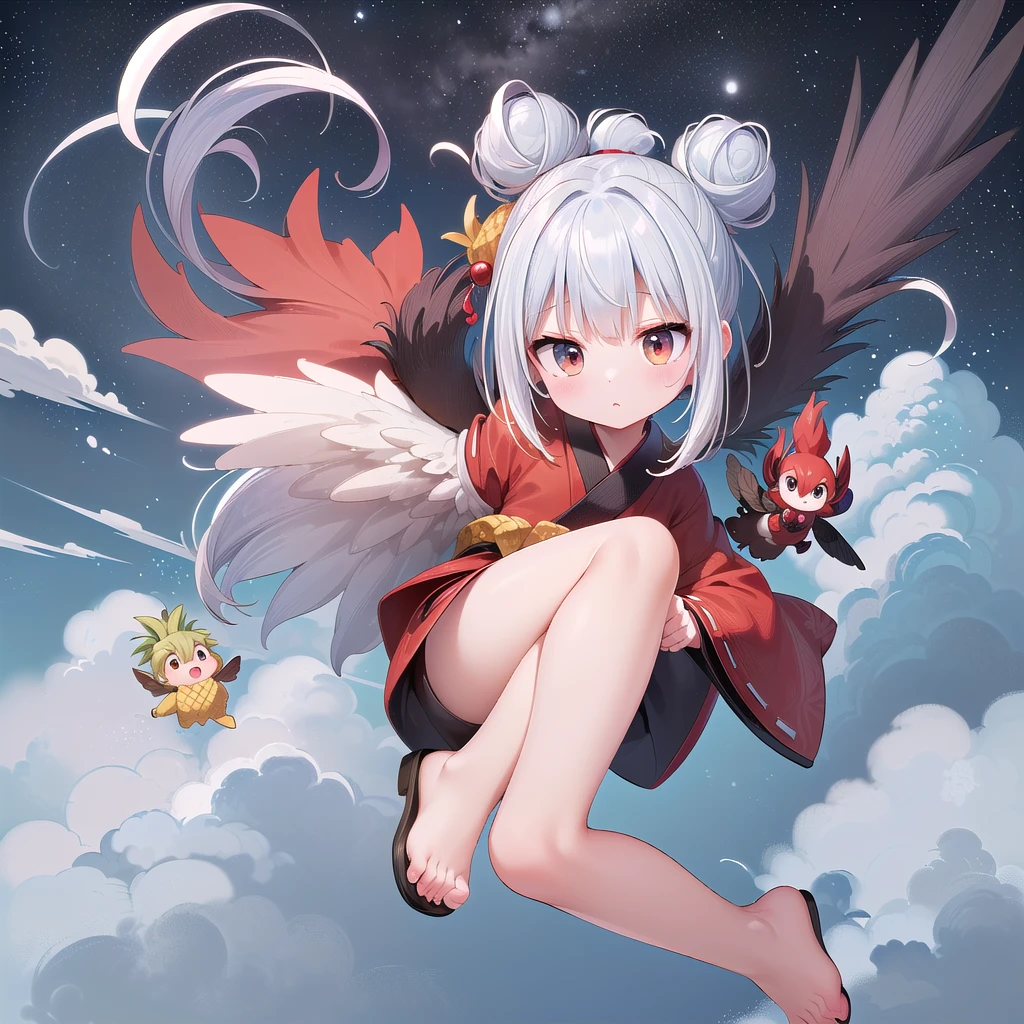 ((Little, Miniature, Genuine, pineapple, 3DCG, 1 girl: 1.3)), (masterpiece, Almond-shaped eyes, Shiny white-blue hair, Short bun hairstyle, Highest quality, Carefully drawn fingertips and toes, Warm clothes, Smooth and beautiful skin: 1.3), (Red cheeks, Fluffy clothes,  Indifference, Expressionless,whole body,: 1.2), (In Little Tengu's daily life, He is enjoying the view as he flies through the sky on his tiny wings.. One of them soars high into the sky、Flying through the clouds. The other Little Tengu are having fun creating tornadoes in the wind. The vastness of the sky々Add color to your life.:1.2),(Little天狗の羽,night:1.3)