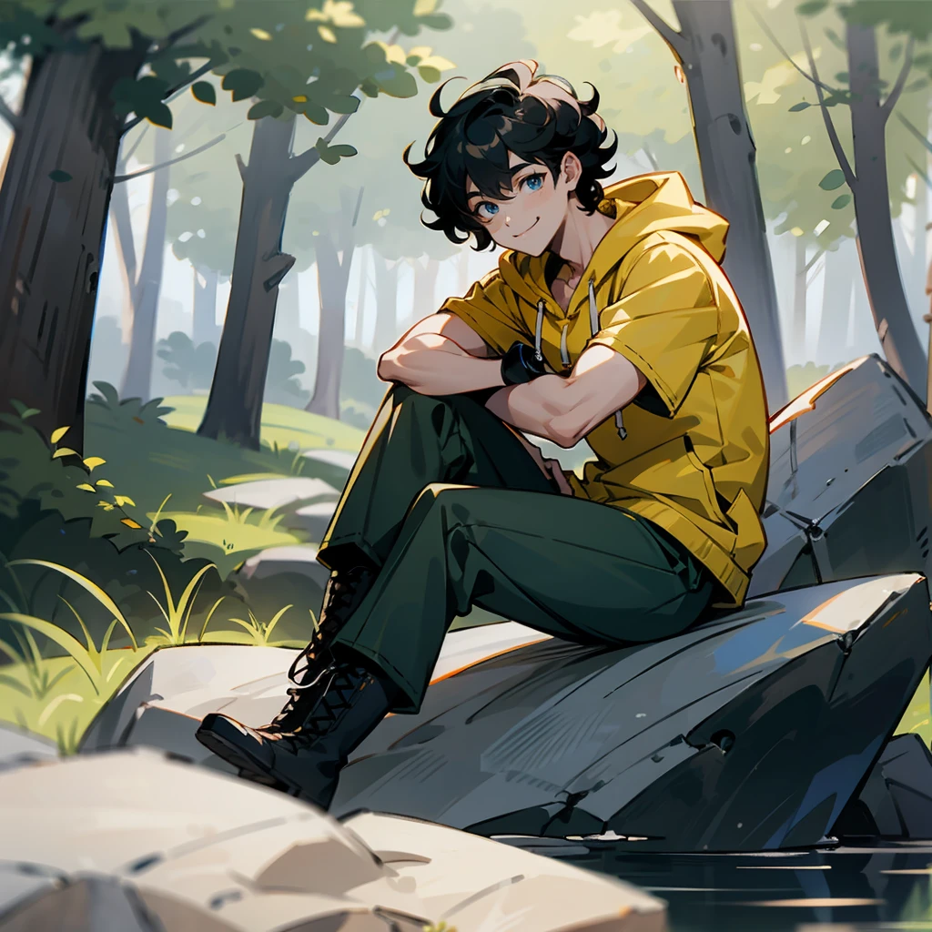 1male, Black Hair, Yellow Hoodie, Curly Hair, Green Cargo Pants, Combat Boots, Blue Eyes, Smiling, Muscular, Regular, Young Male, Forest, Sitting on a Rock