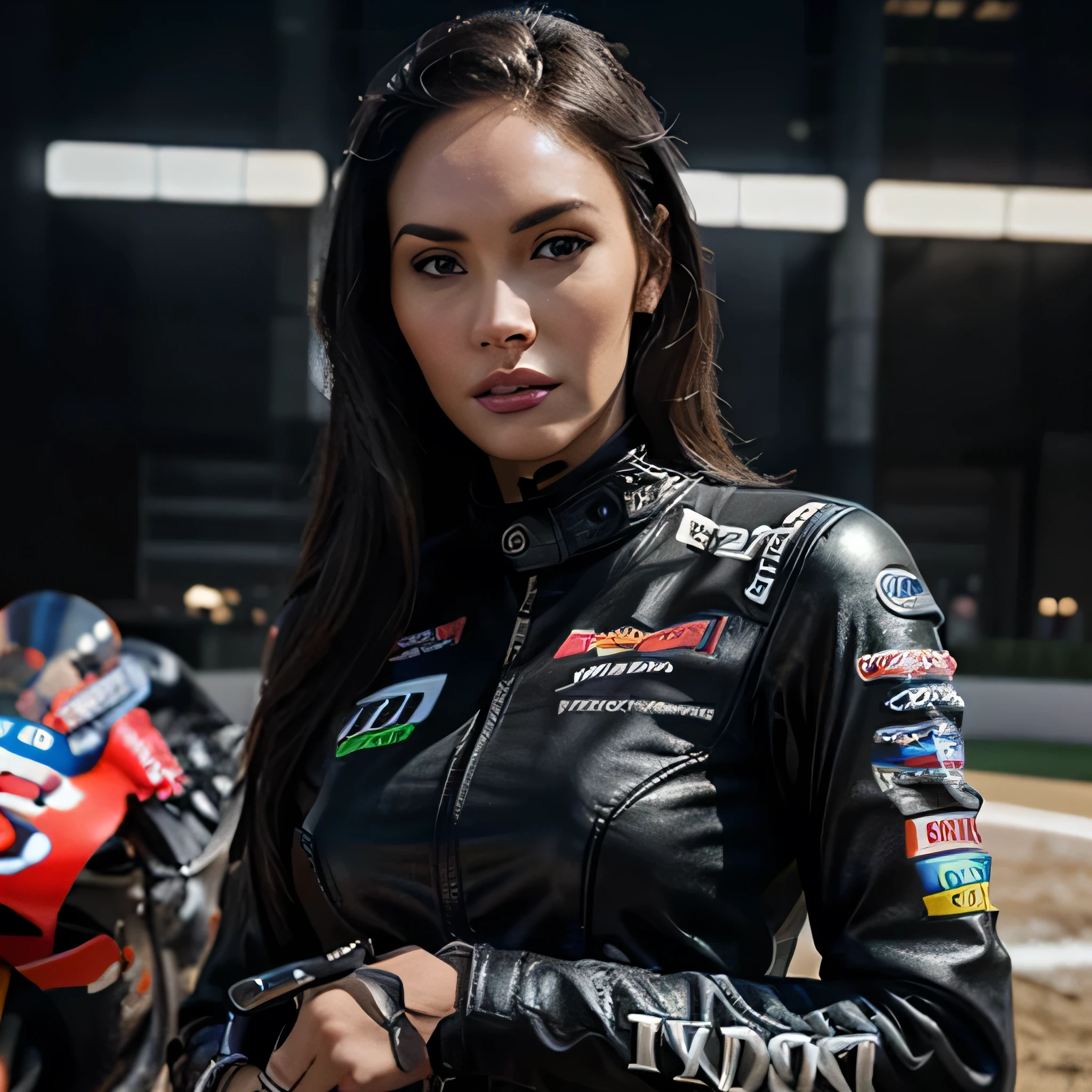 Megan Fox a highly detailed photo of  wearing a black leather jacket with the MotoGP logo, beautiful detailed eyes, beautiful detailed lips, extremely detailed face, long eyelashes, intricate leather textures, dynamic motorcycle racing pose, cinematic lighting, dramatic shadows, hyperrealistic, 8k, photorealistic