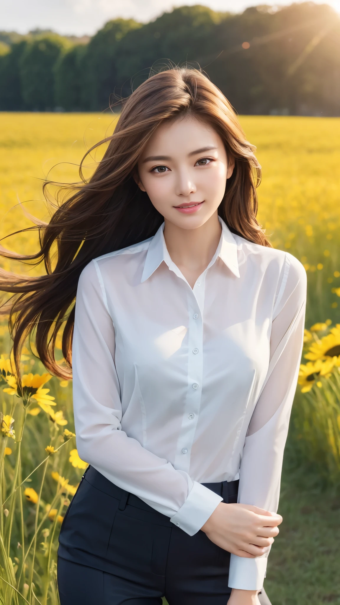 highest quality、genuine、Super detailed、finely、High resolution、8k wallpaper、one beautiful woman、、、light brown disheveled hair、wearing a business suit、sharp focus、perfect dynamic composition、beautiful and detailed eyes、thin hair、Detailed genuine skin texture、smile、model body shape、In a windswept meadow