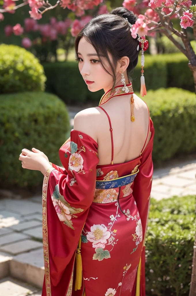 View from the front
In the garden of a Qing Dynasty Chinese palace, a 39-year-old woman is wearing a Manchu dress with a flashy red floral pattern, with the Manchu dress open all the way down the front.
Her large breasts are exposed.
Her hairy pussy is visible.

Her hair is decorated with large flowers on both sides of her head with fancy flowers, her hair is tied up and pulled back, and her hands are folded behind her head.