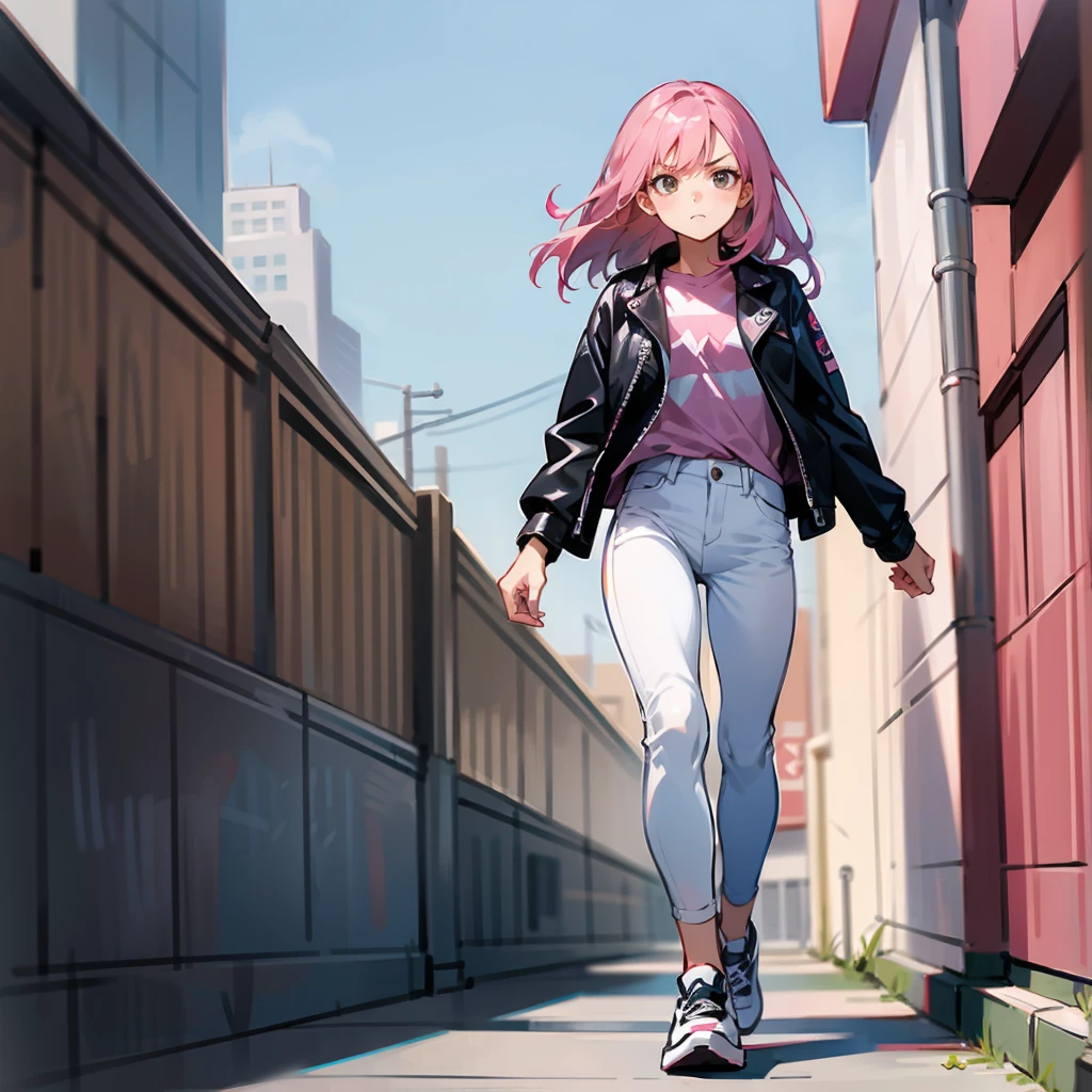 1female, Pink Hair, Black Leather Jacket, Straight Hair, White Jeans, Sneakers, Hazel Eyes, Serious Expression, Lean, High Ranker, Adult Female, City, Walking down a Street