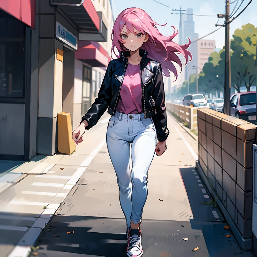 1female, Pink Hair, Black Leather Jacket, Straight Hair, White Jeans, Sneakers, Hazel Eyes, Serious Expression, Lean, High Ranker, Adult Female, City, Walking down a Street