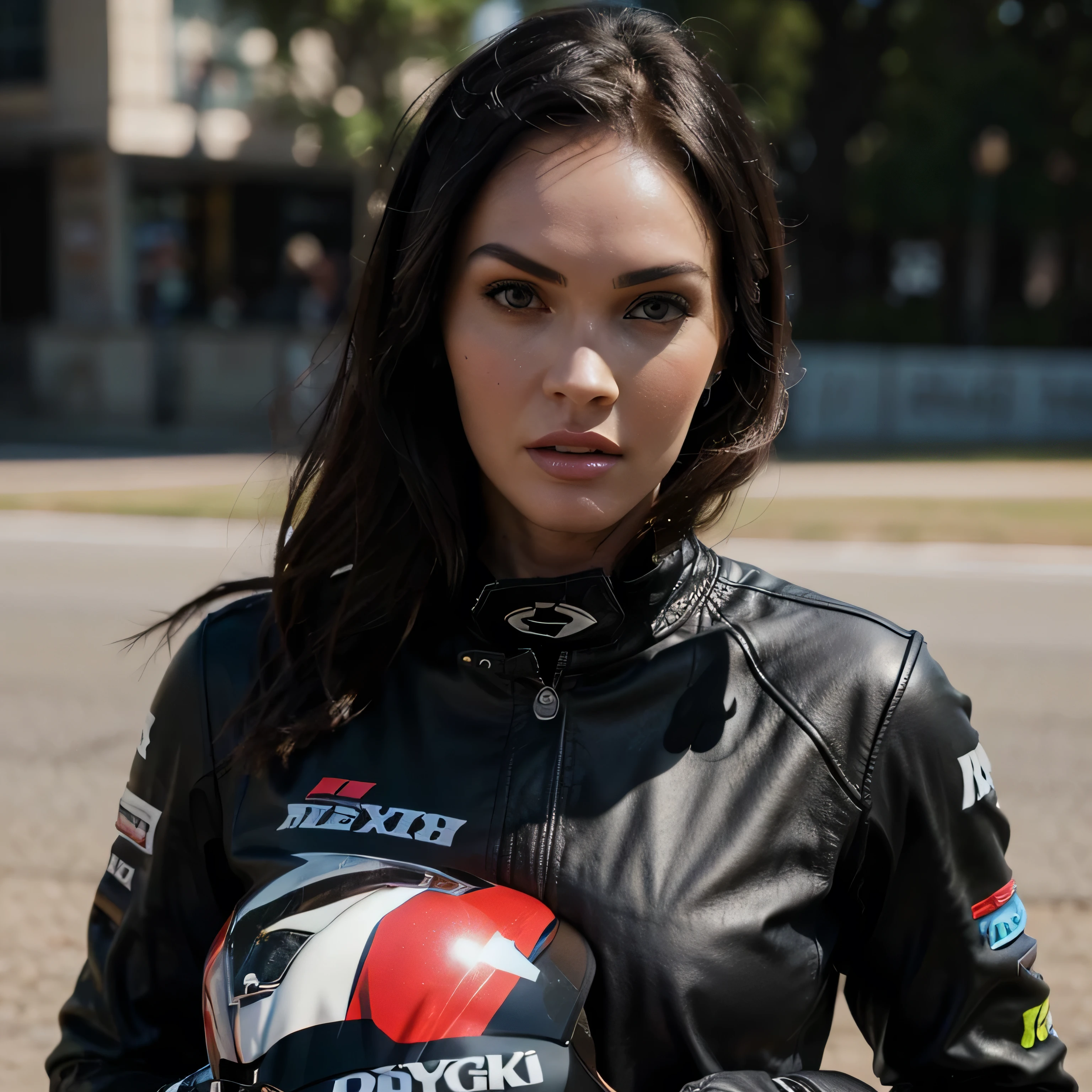 Megan Fox a highly detailed photo of wearing a black leather jacket with the MotoGP logo, beautiful detailed eyes, beautiful detailed lips, extremely detailed face, long eyelashes, intricate leather textures, dynamic motorcycle racing pose, cinematic lighting, dramatic shadows, hyperrealistic, 8k, photorealistic